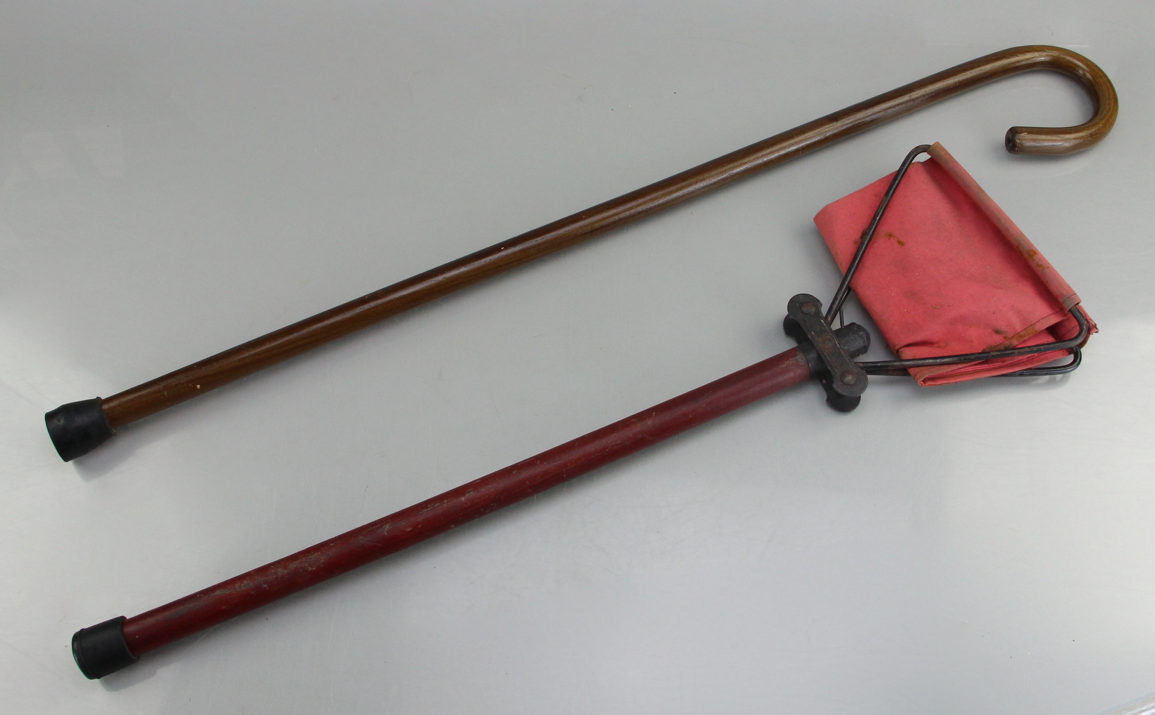 Walking Cane with Dark Stain Finish and Red Cane Foldable Seat