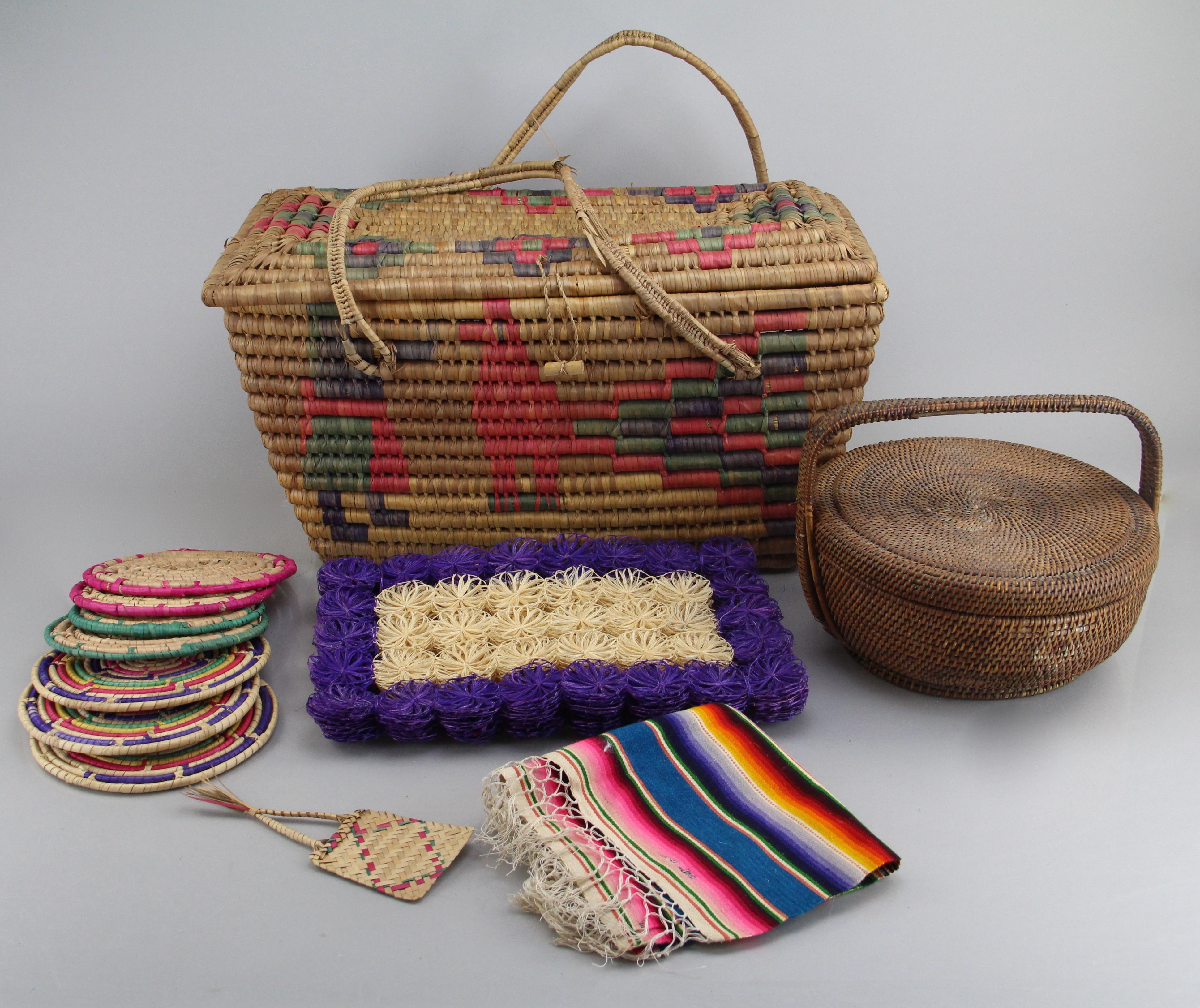 Woven Large Multicolored Picnic Basket and Reed Gathering Basket