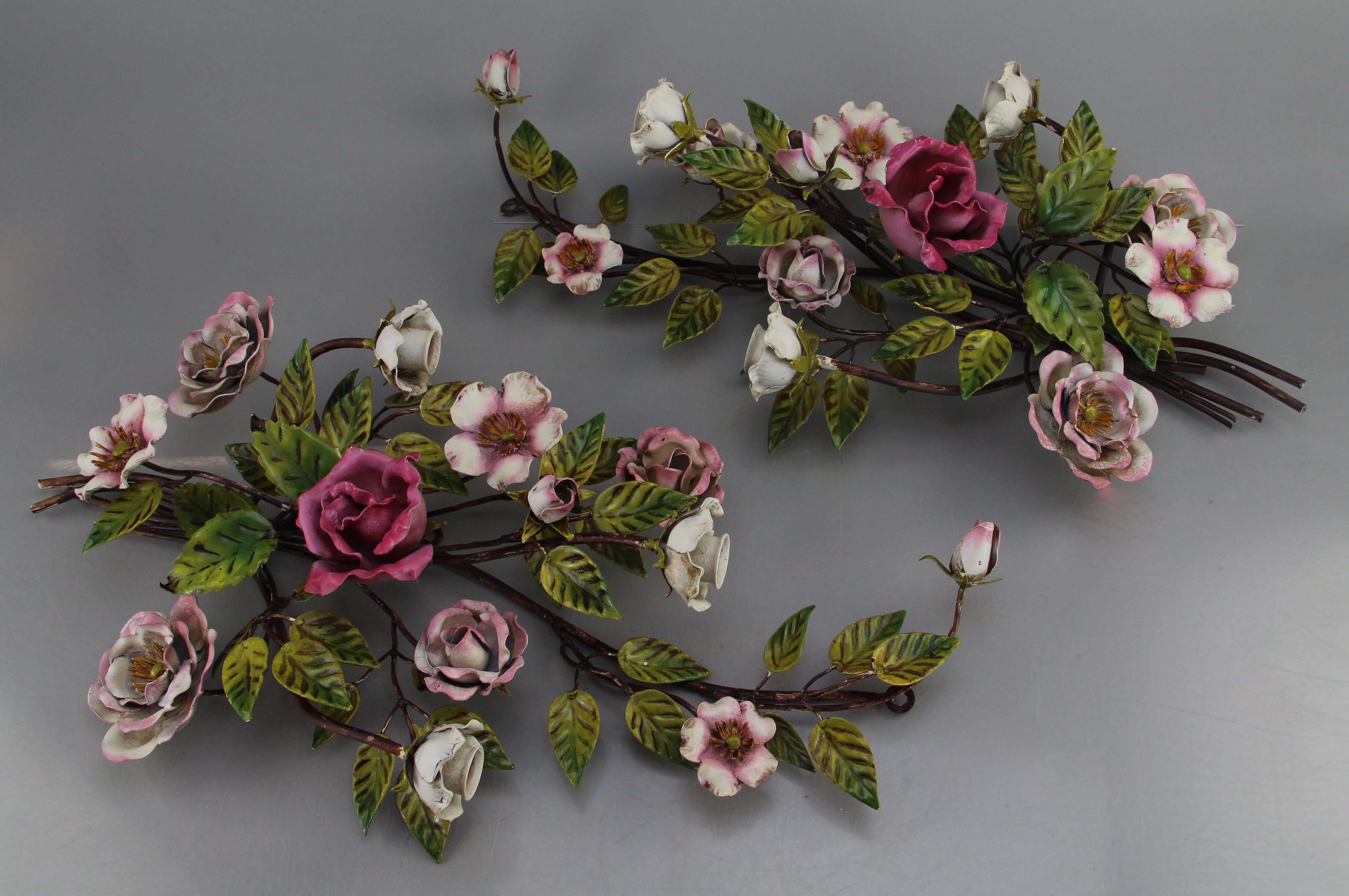 Duo Of Italian Metal Wire Flower Candle Holders