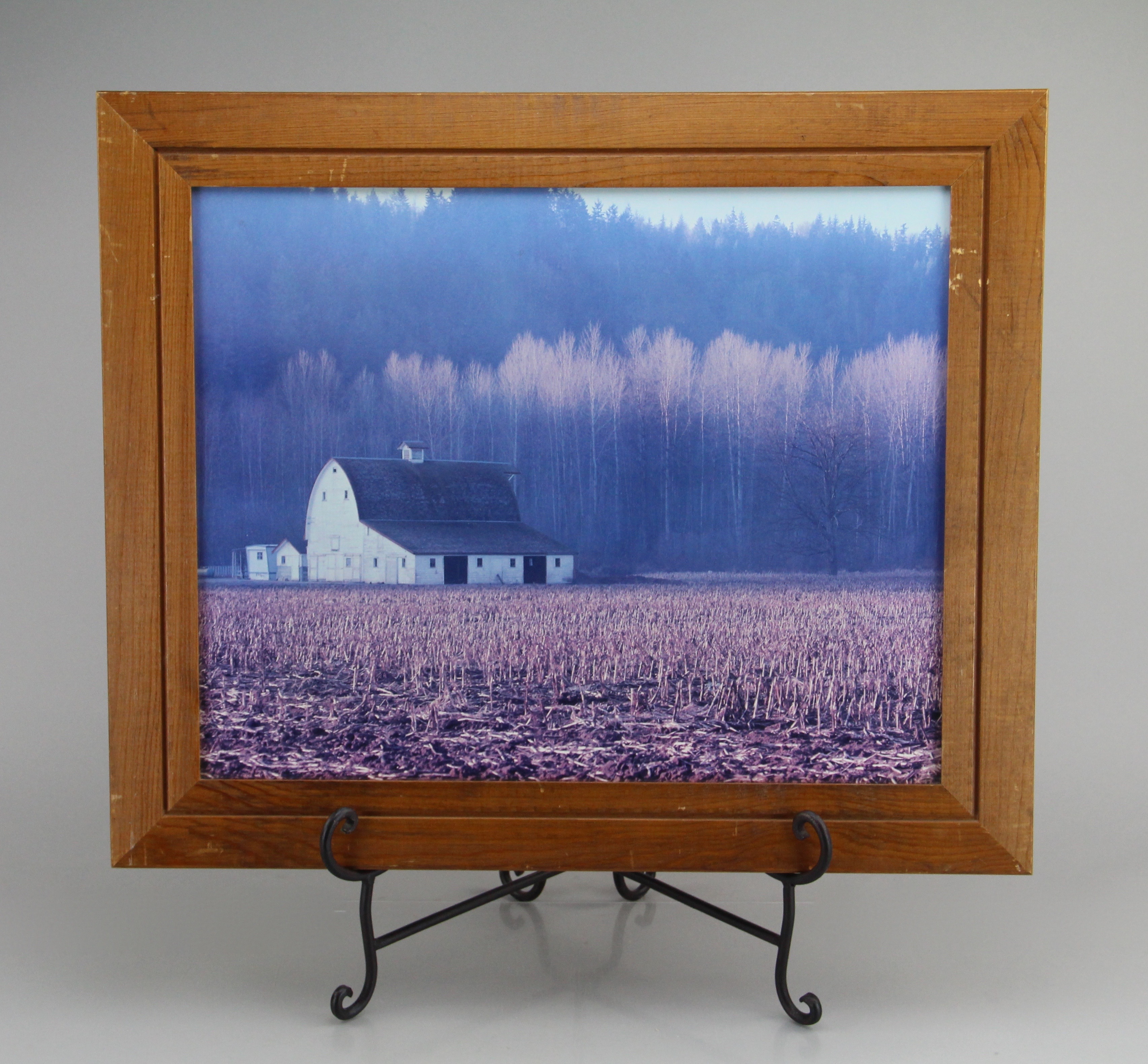 Wooden Framed Photo of Corn Crib Barn in Harvested Corn Field