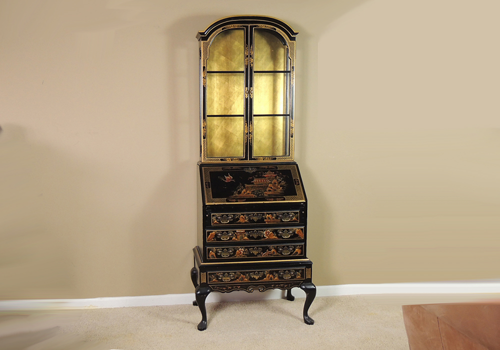 Hand Decorated Asian Style Secretary with Display Cabinet