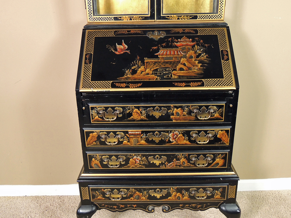 Hand Decorated Asian Style Secretary with Display Cabinet