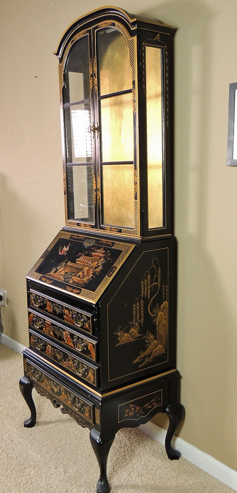 Hand Decorated Asian Style Secretary with Display Cabinet