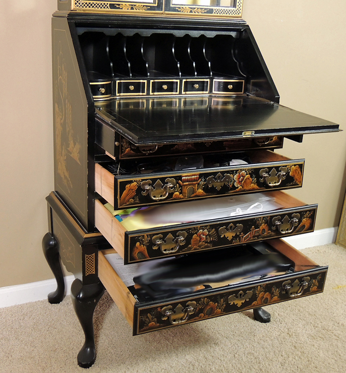 Hand Decorated Asian Style Secretary with Display Cabinet