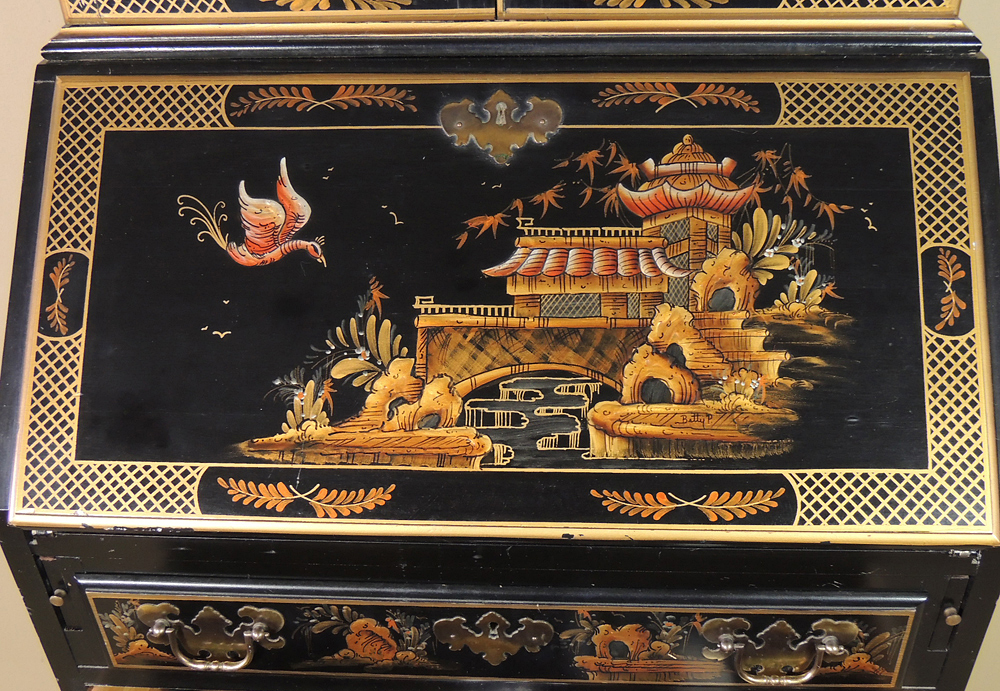 Hand Decorated Asian Style Secretary with Display Cabinet