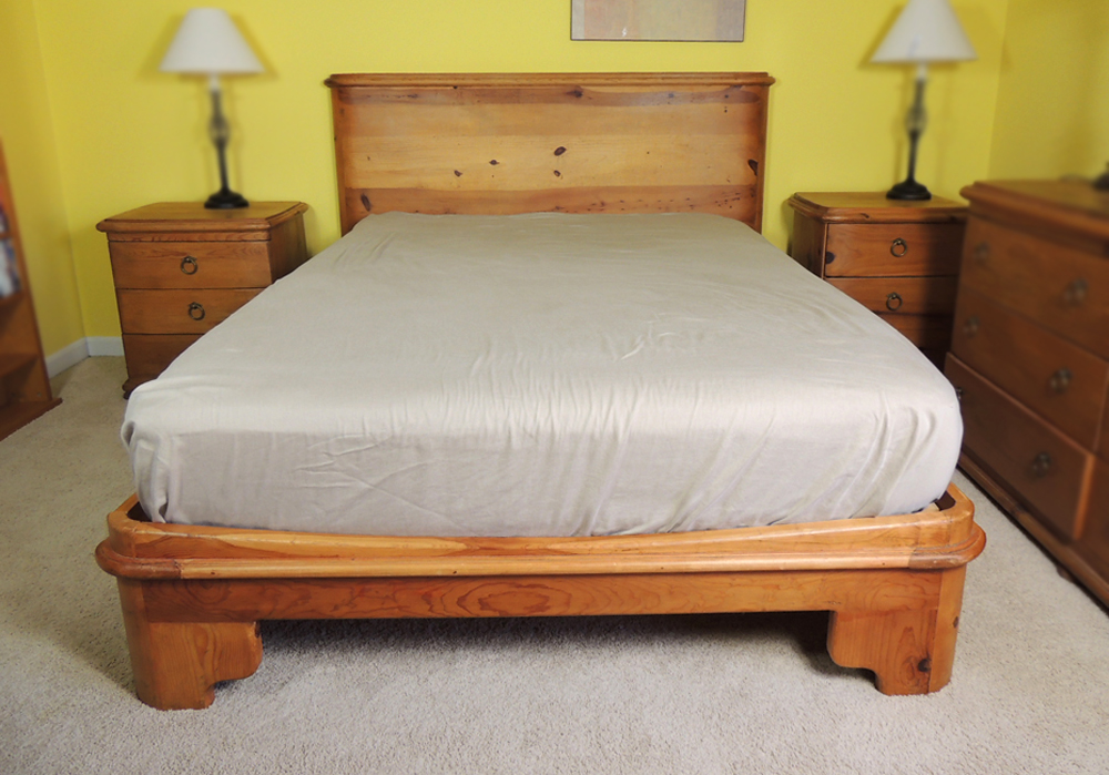 Rustic Arhaus Pine Queen Bed Frame and Matching Night Stands