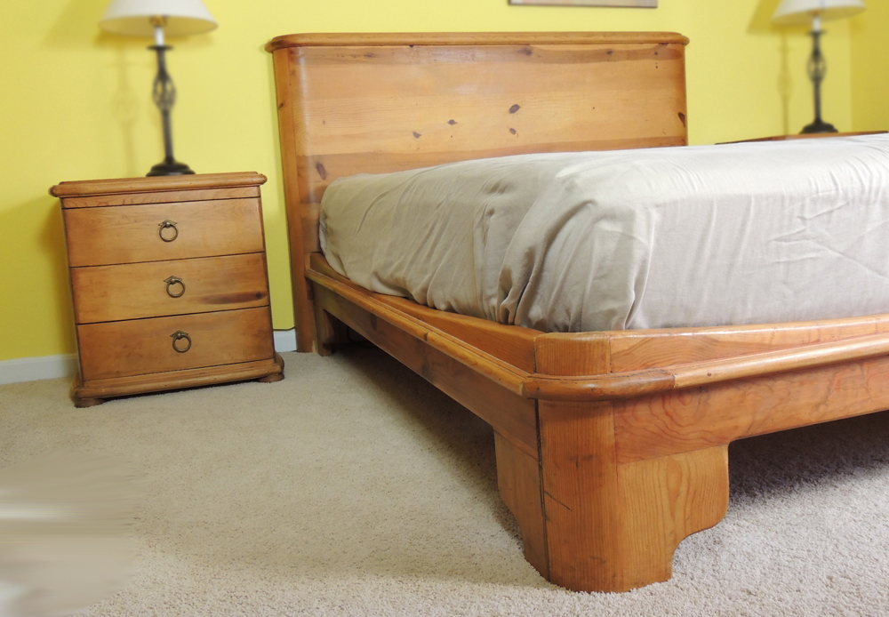 Rustic Arhaus Pine Queen Bed Frame and Matching Night Stands