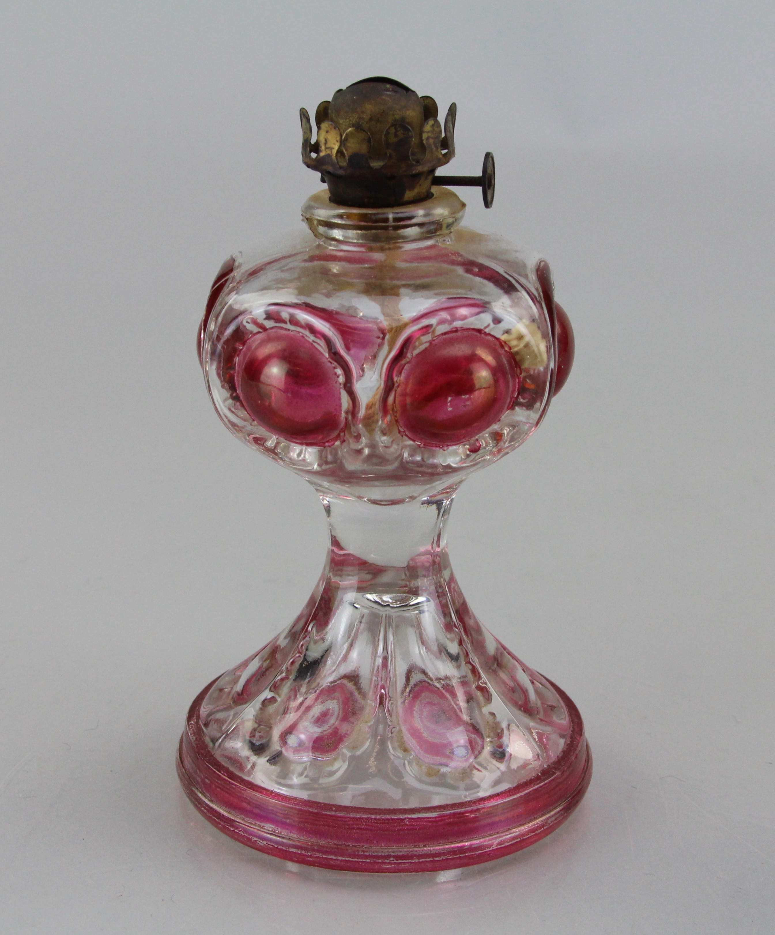 Matching Duo of Clear Rose Colored Small Bulbous Oil Lamp
