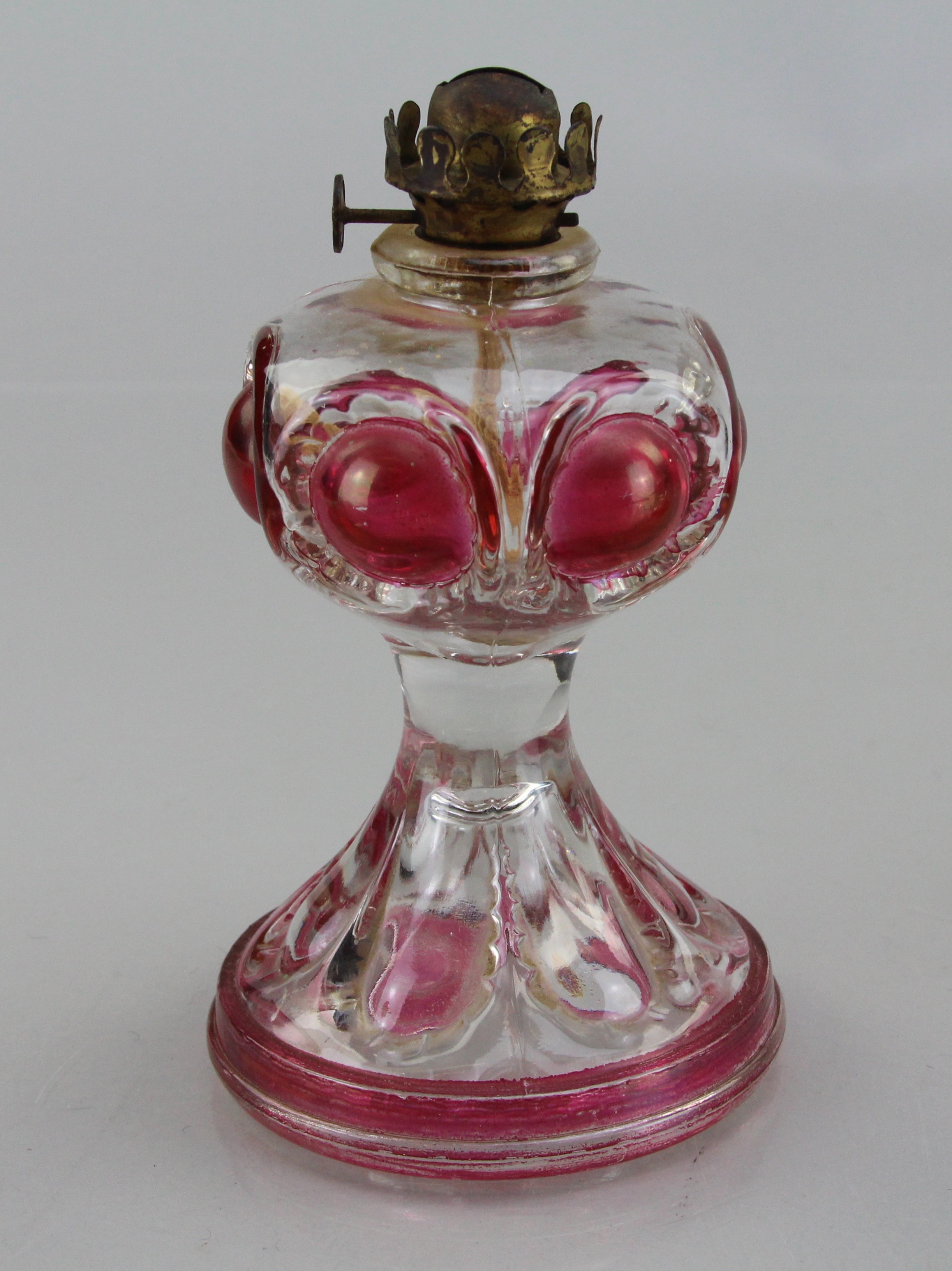 Matching Duo of Clear Rose Colored Small Bulbous Oil Lamp