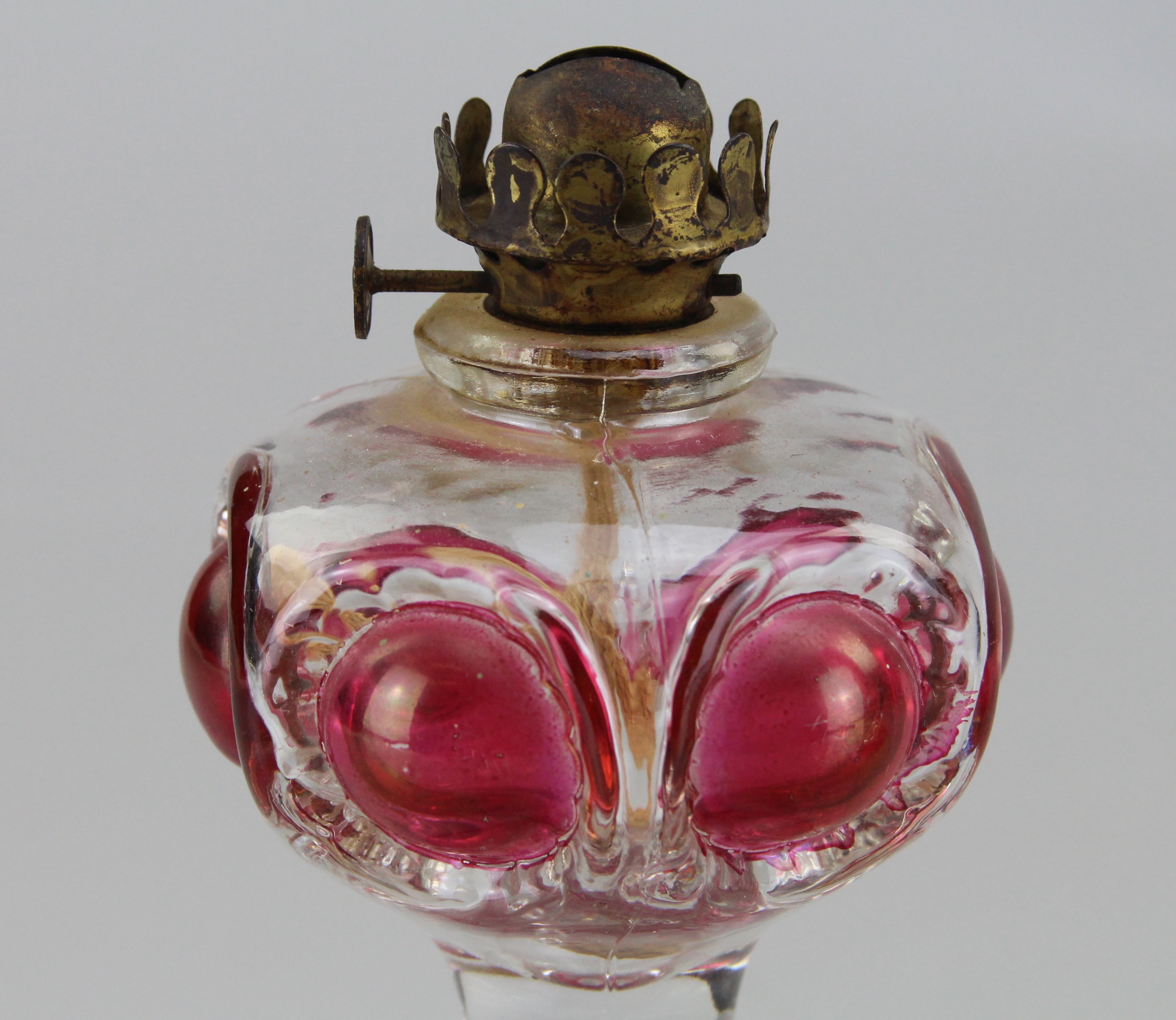 Matching Duo of Clear Rose Colored Small Bulbous Oil Lamp