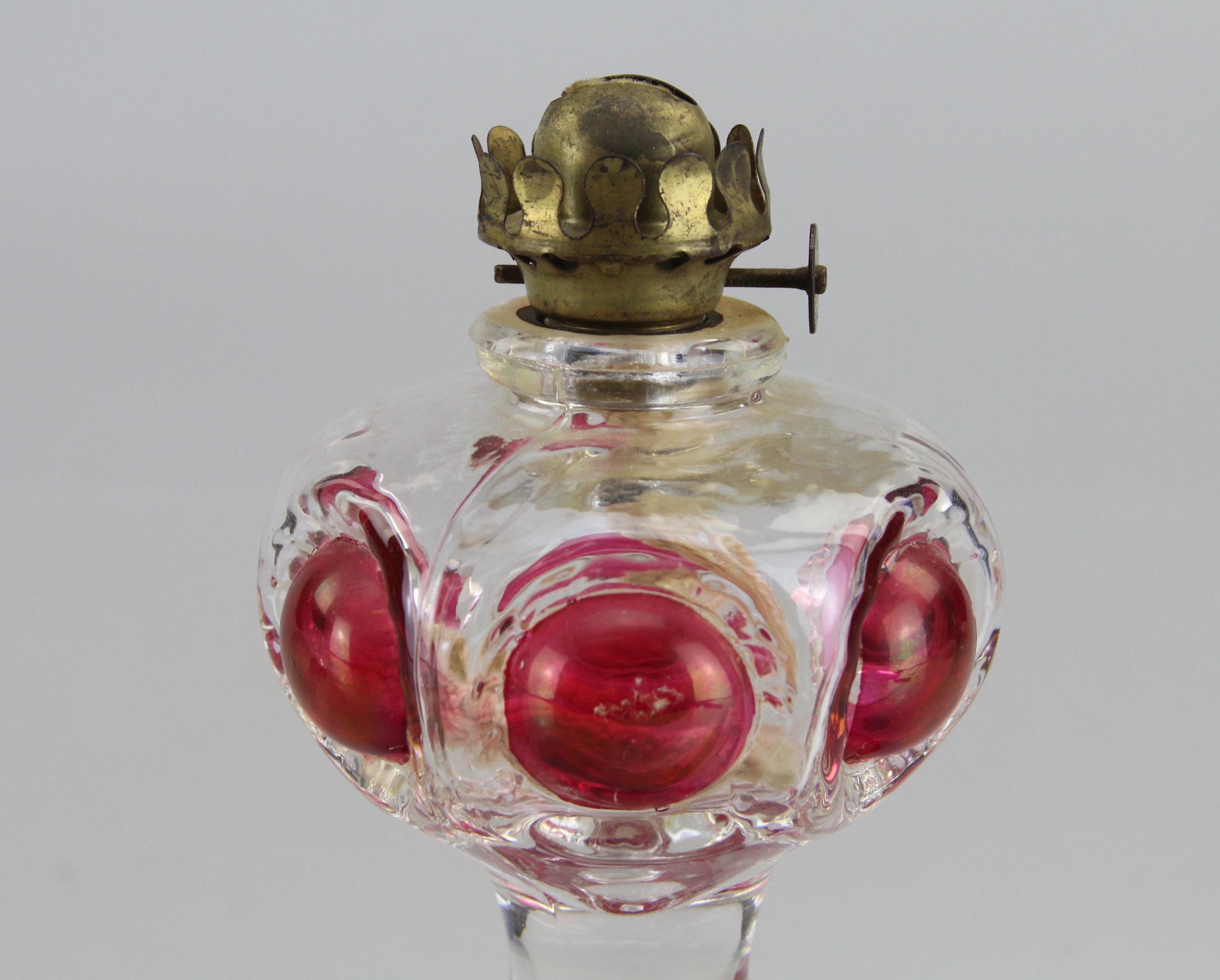 Matching Duo of Clear Rose Colored Small Bulbous Oil Lamp