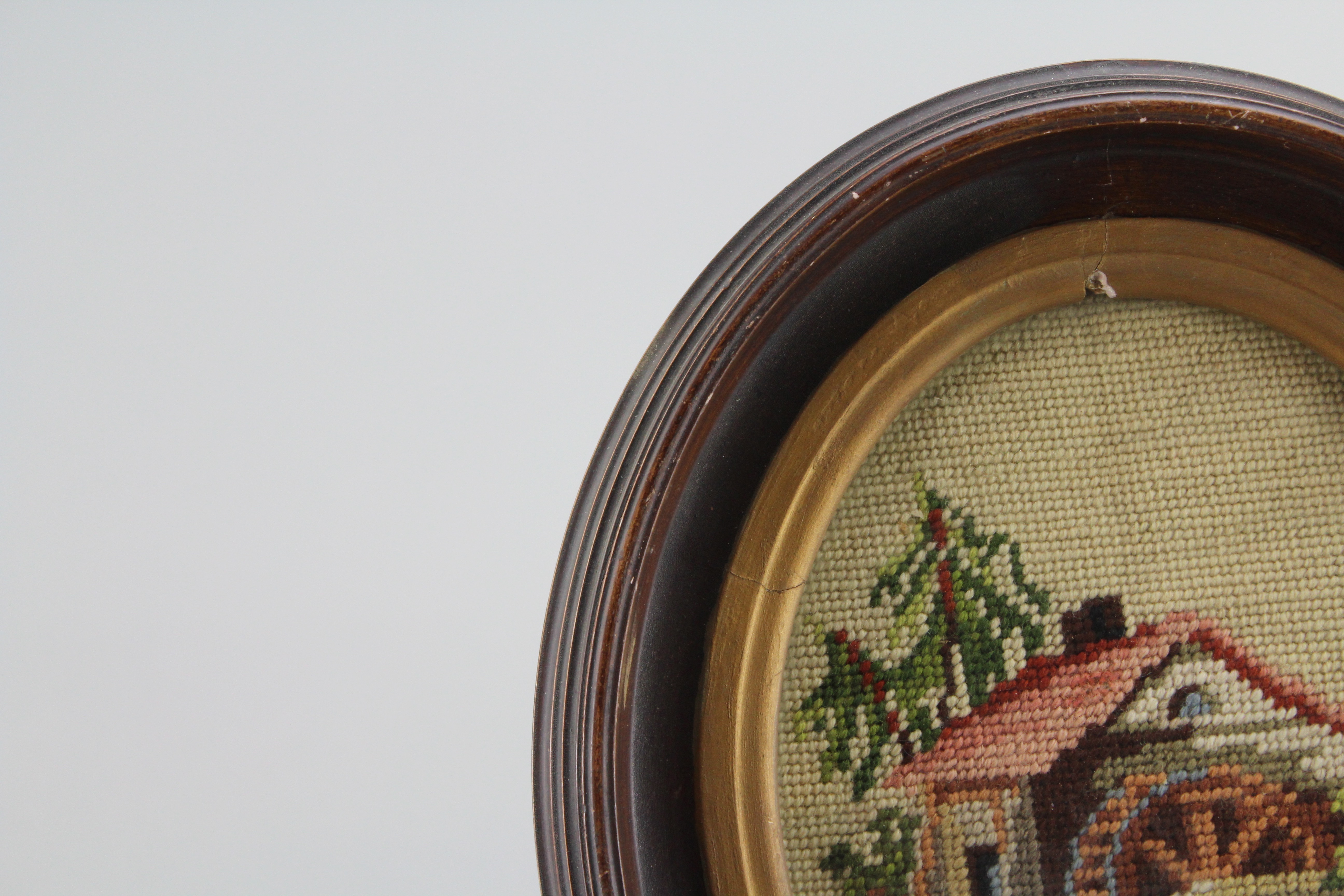 Assortment of Oval Wooden Framed Needle Point Art and Empty Frame