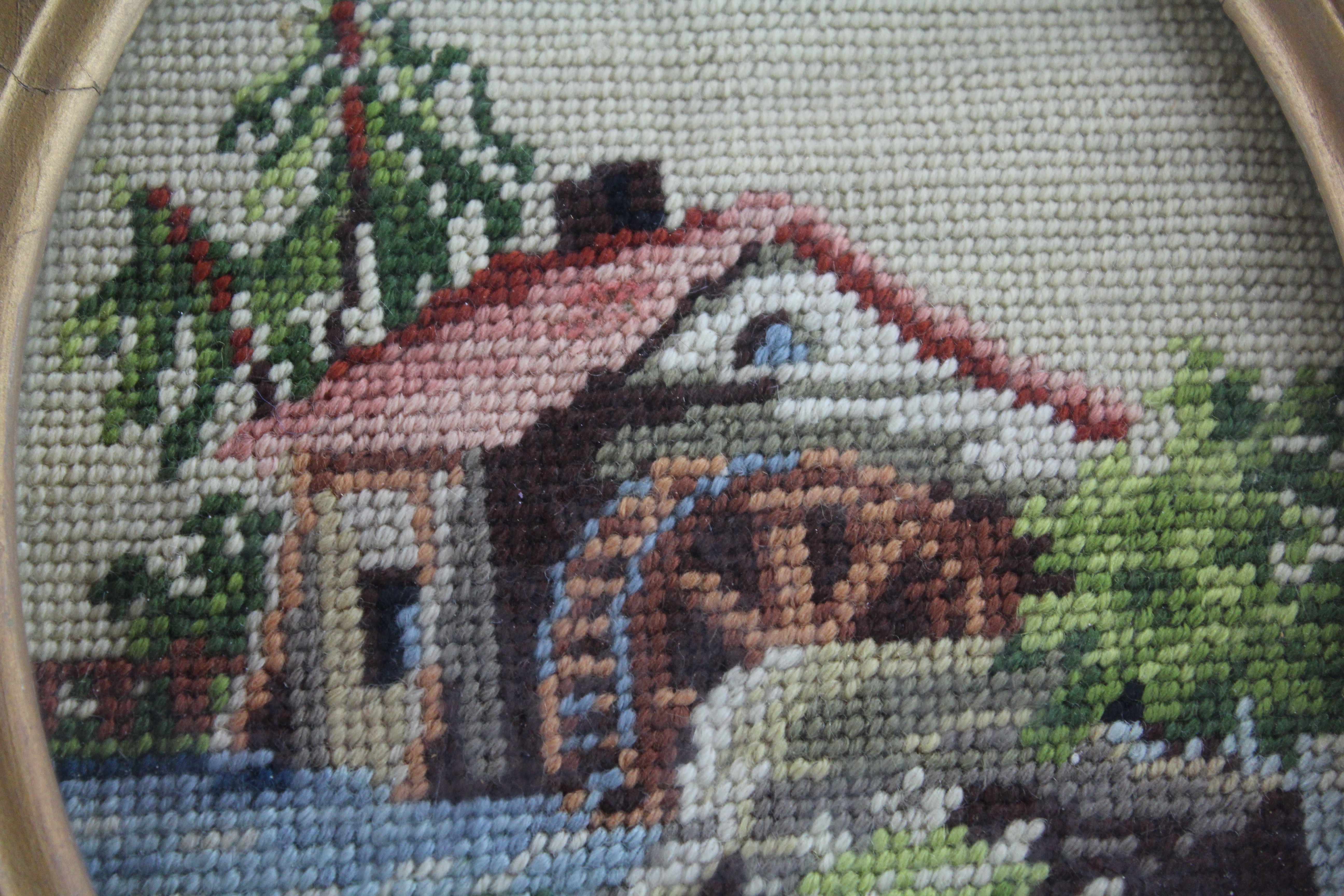 Assortment of Oval Wooden Framed Needle Point Art and Empty Frame