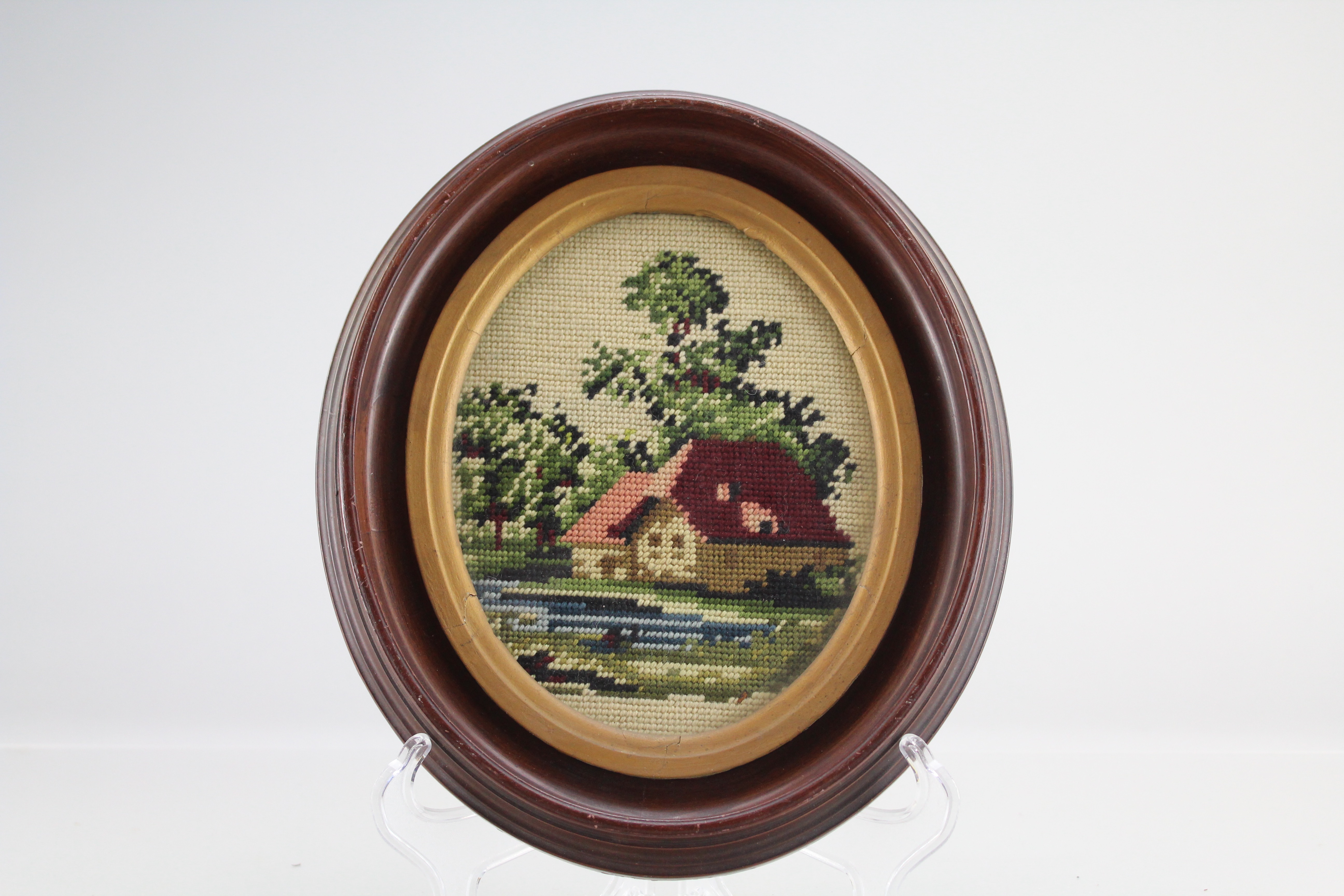 Assortment of Oval Wooden Framed Needle Point Art and Empty Frame