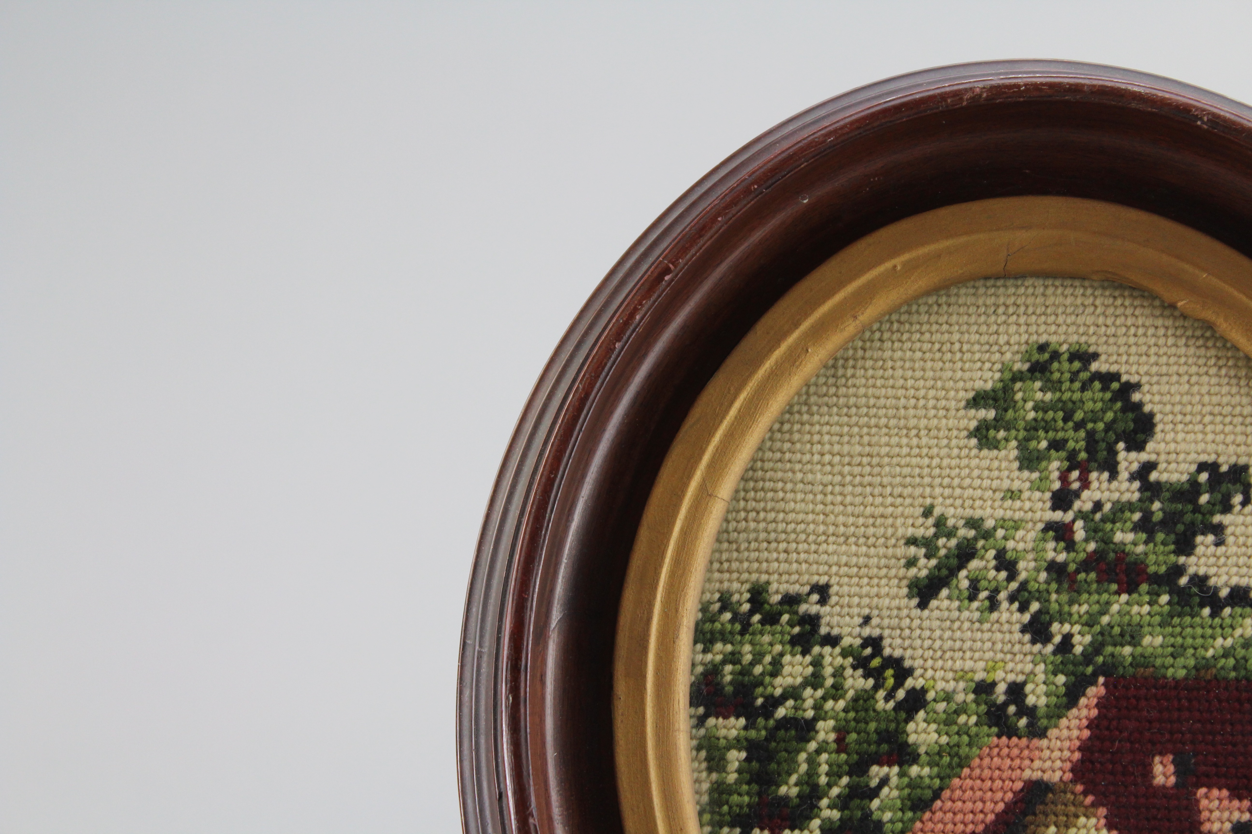 Assortment of Oval Wooden Framed Needle Point Art and Empty Frame