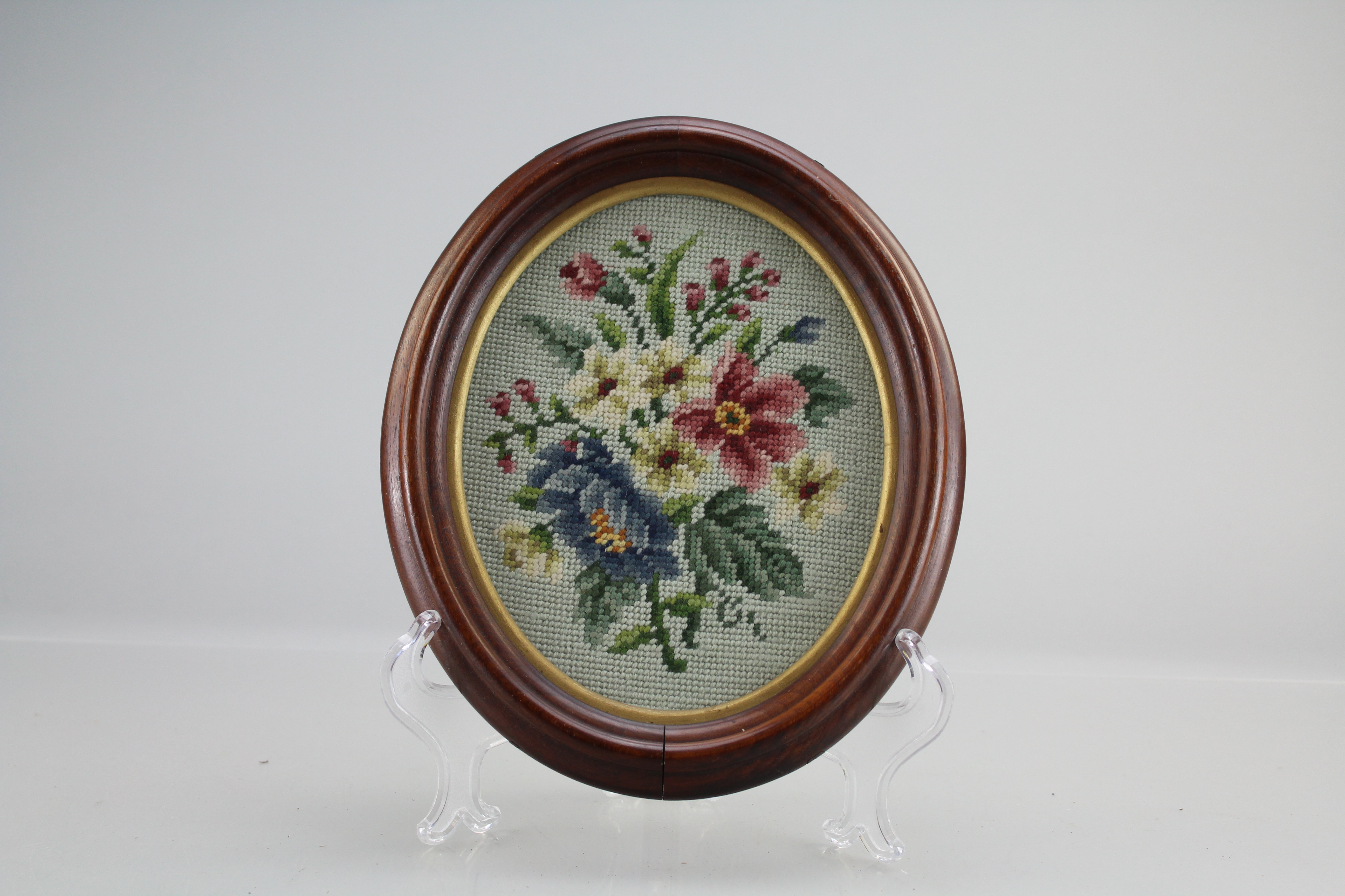 Assortment of Oval Wooden Framed Needle Point Art and Empty Frame