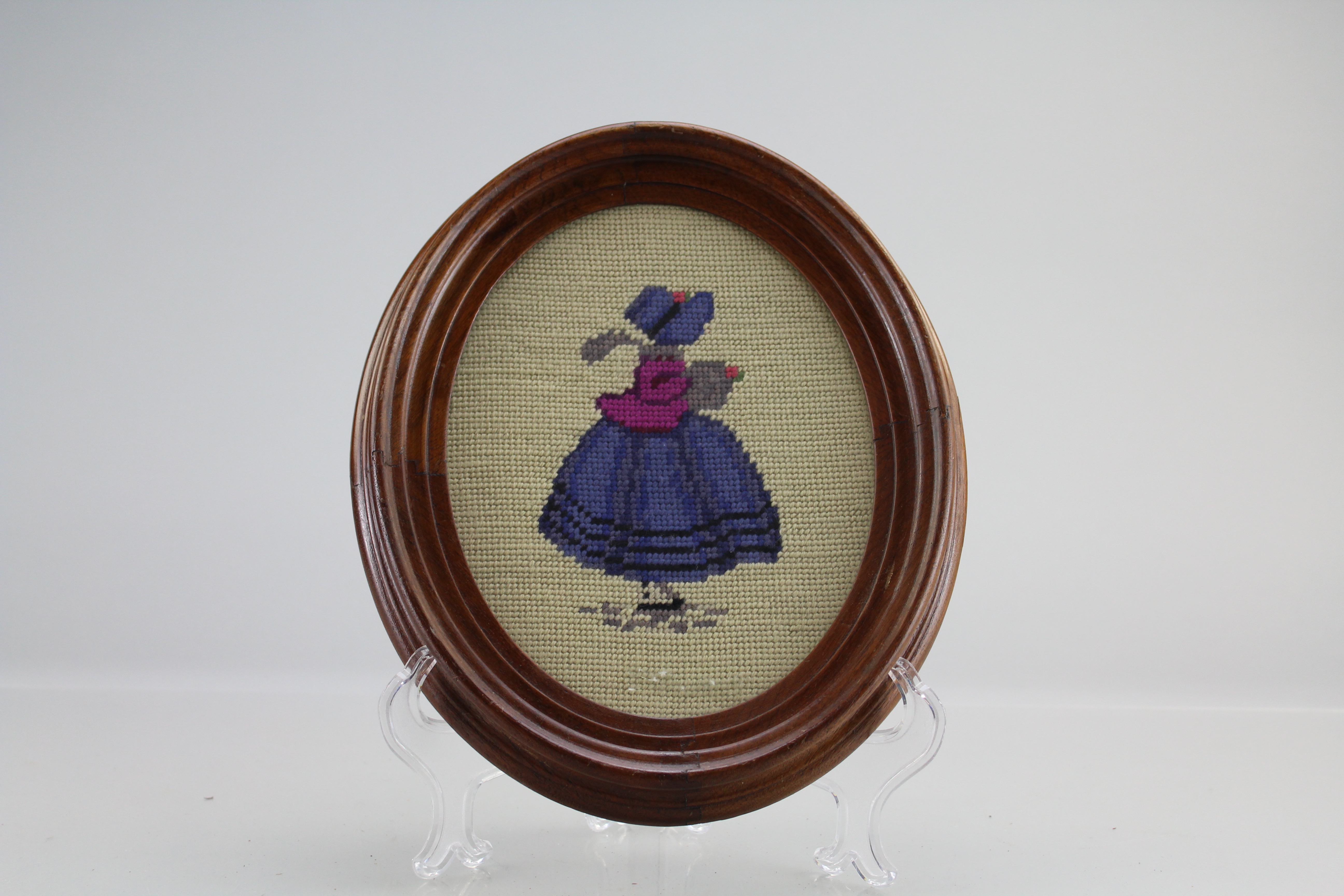 Assortment of Oval Wooden Framed Needle Point Art and Empty Frame