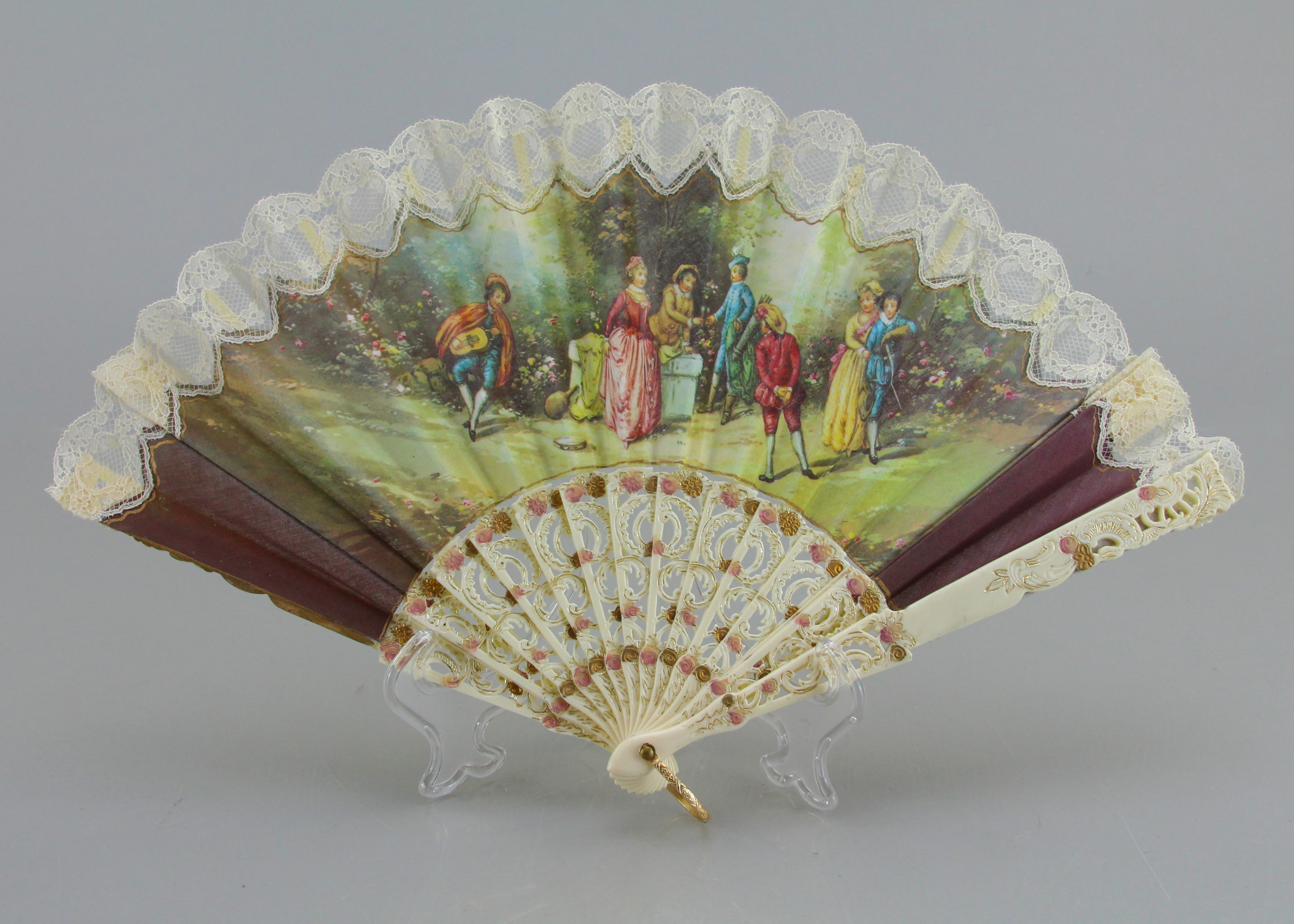 Vintage Plastic And Cloth Folding Fan With Colonial Scene
