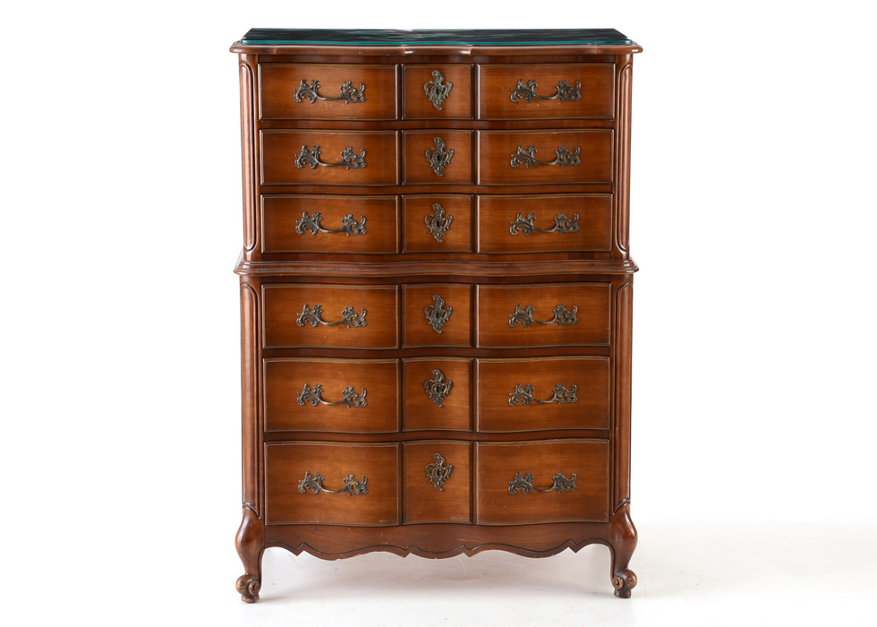 Vintage French Provincial Style Glass Top Chest of Drawers