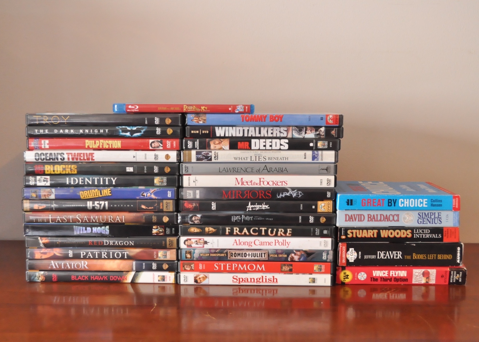 Box of DVDs and Audio Books