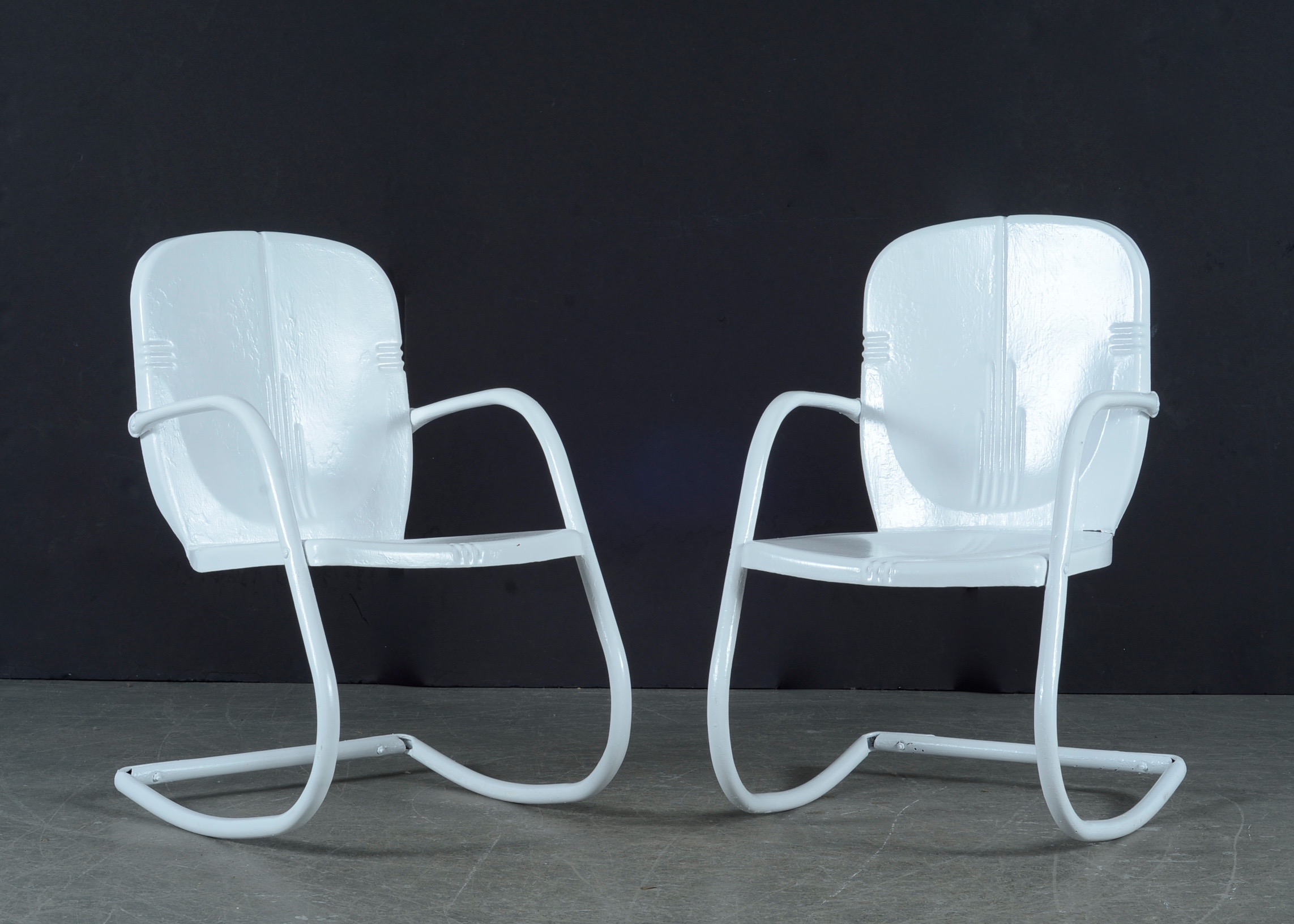 Twin Pair of Spring Base White Metal Outdoor Rocking Chairs