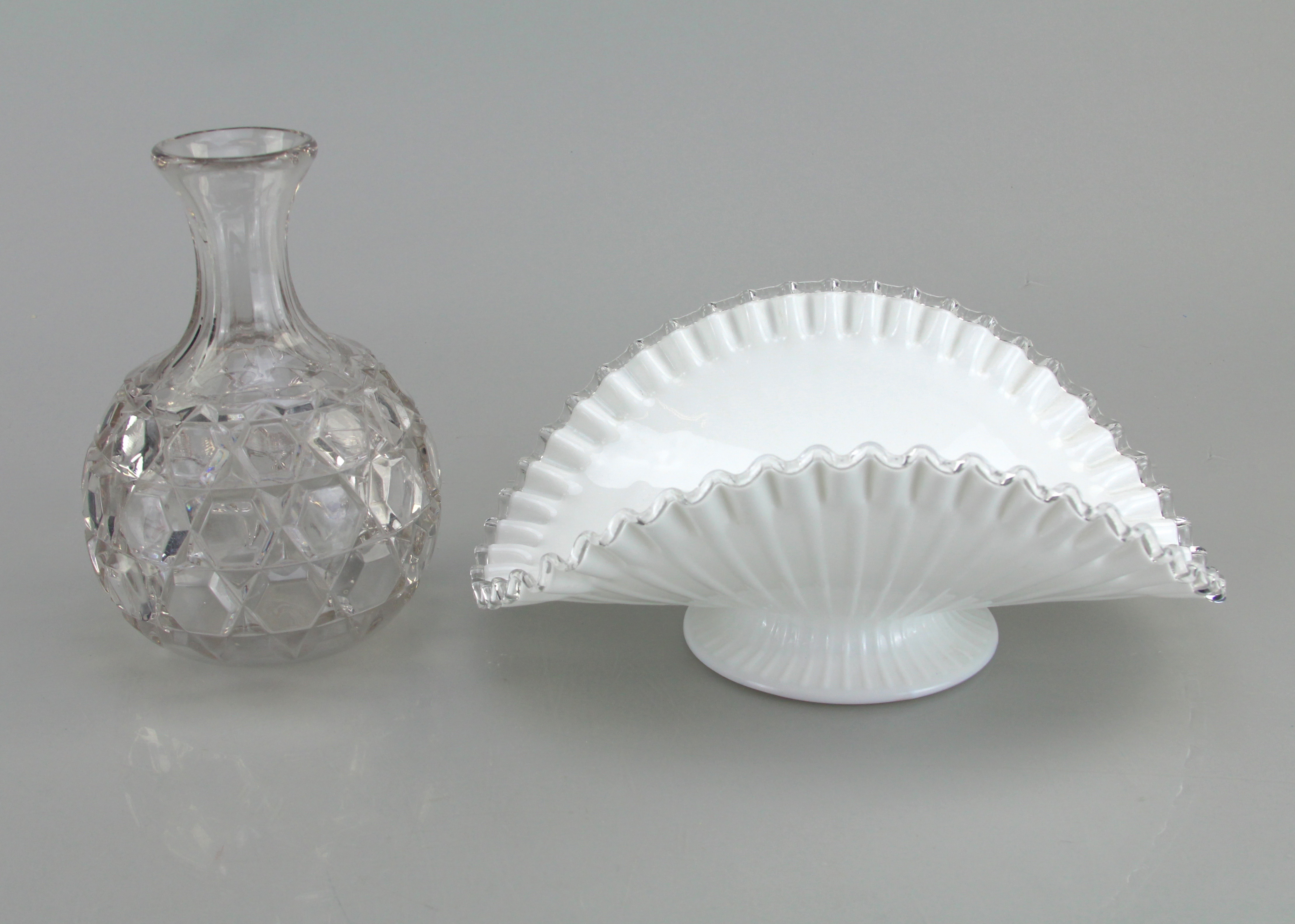 Cut Glass Water Carafe and Glass Fanned Scalloped Edged Basket
