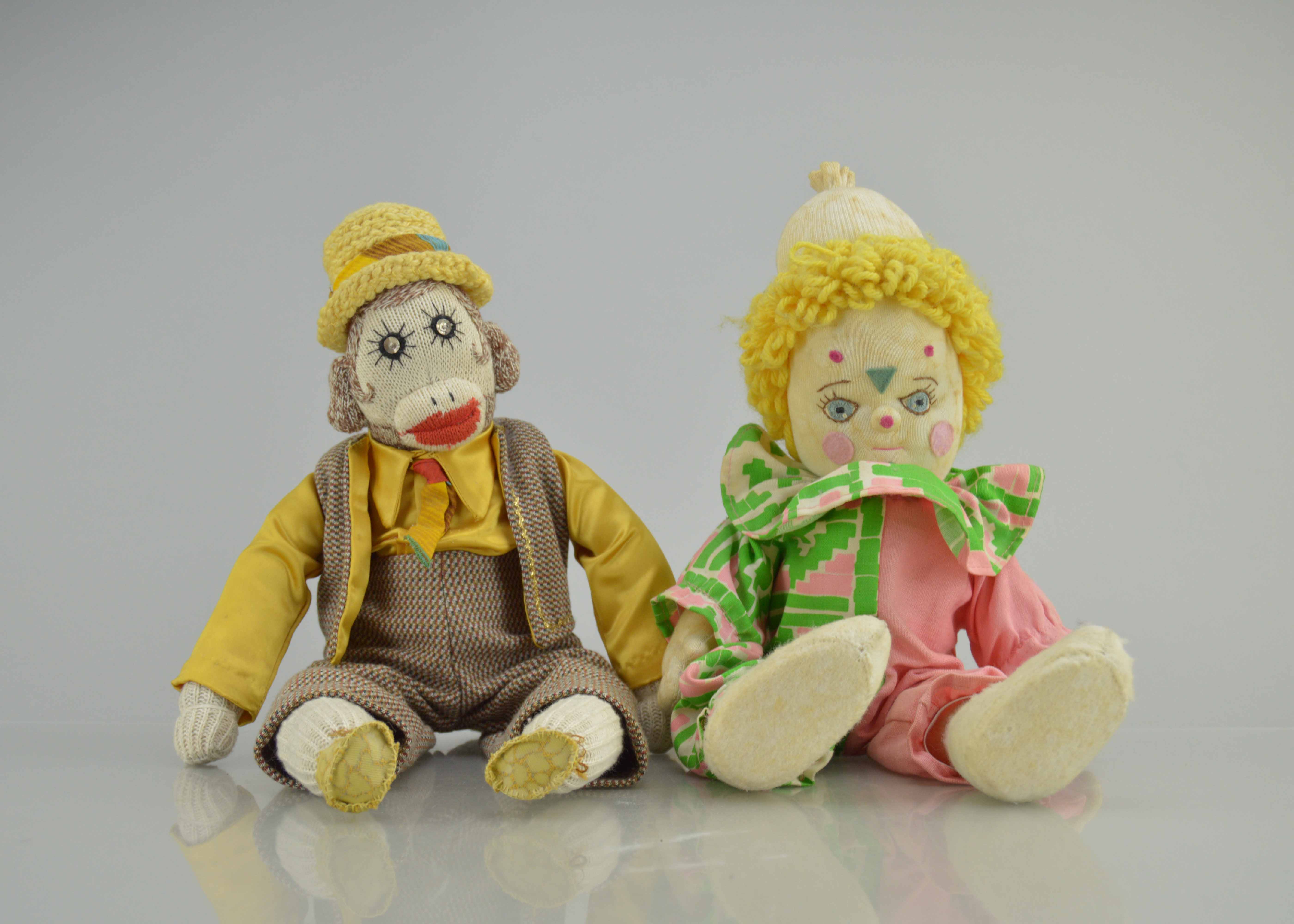 Vintage Sock Monkey In Suit And Handmade Clown Doll