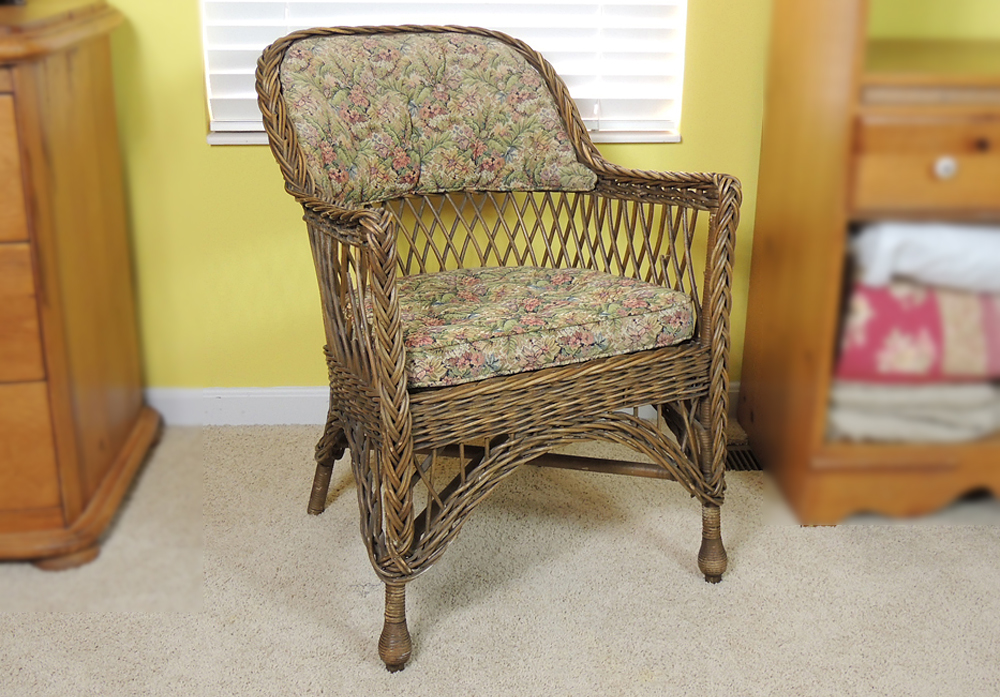 Vintage Wicker Chair with Upholstered Seat and Back