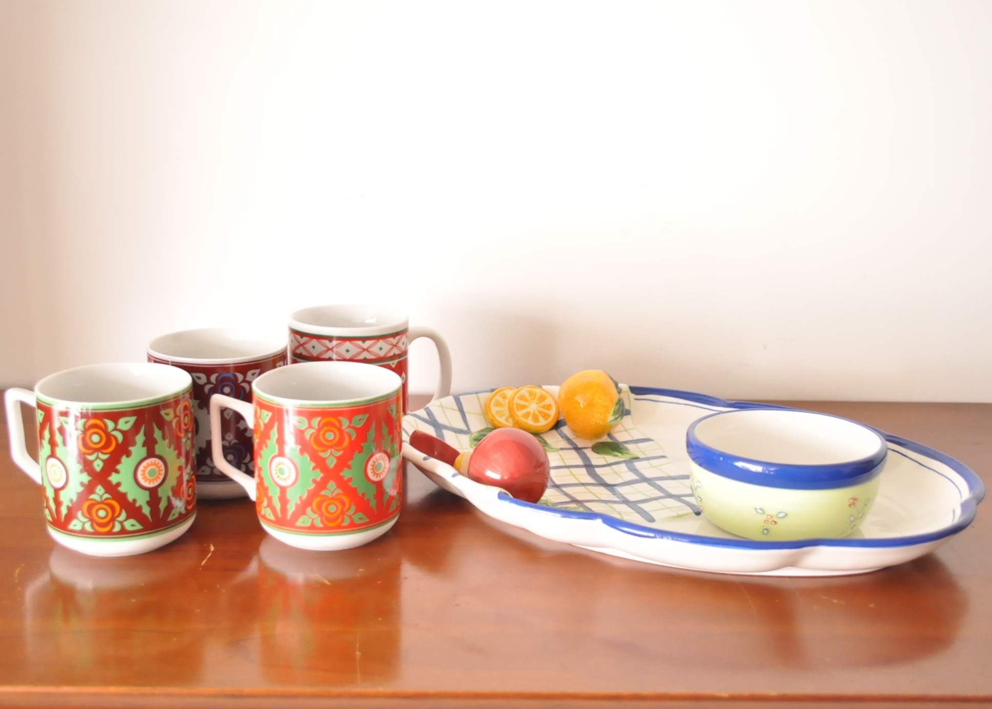 Blue Platter, Dish and Colorful Mugs