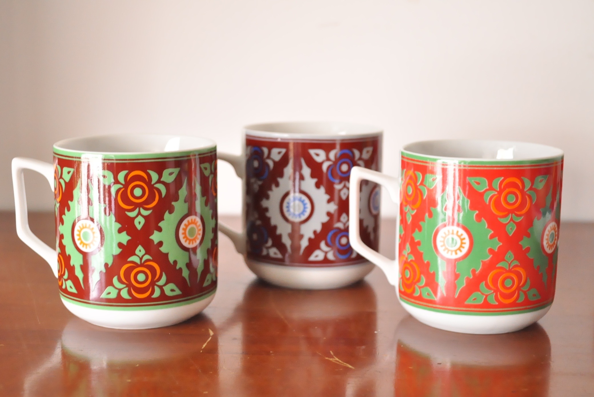 Blue Platter, Dish and Colorful Mugs