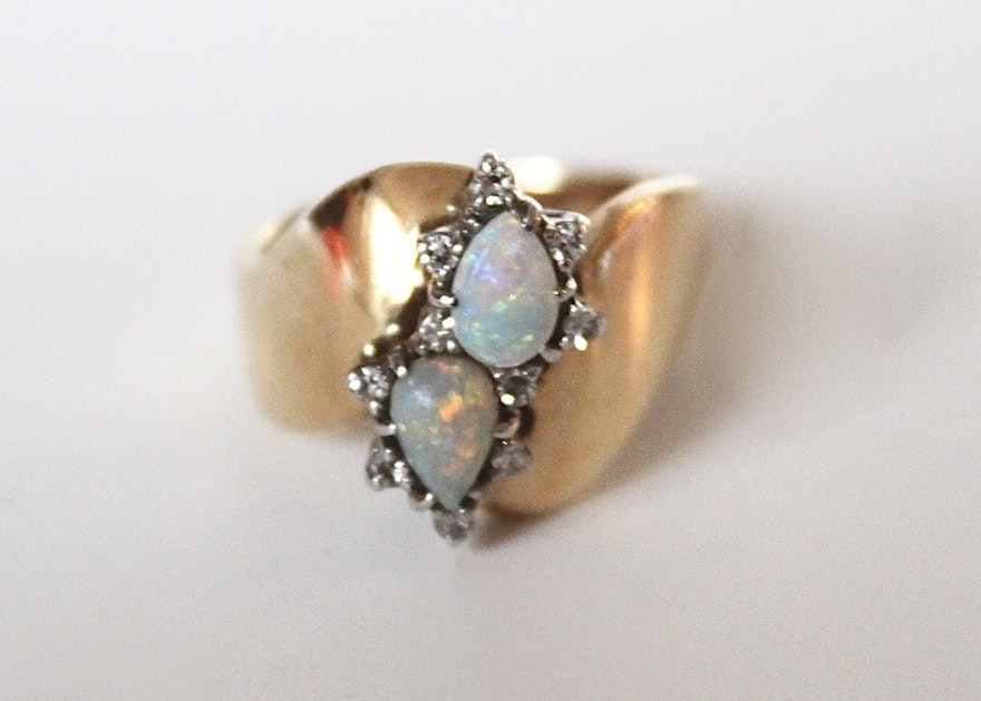 14K Yellow Gold, Opal, and Diamond Ring