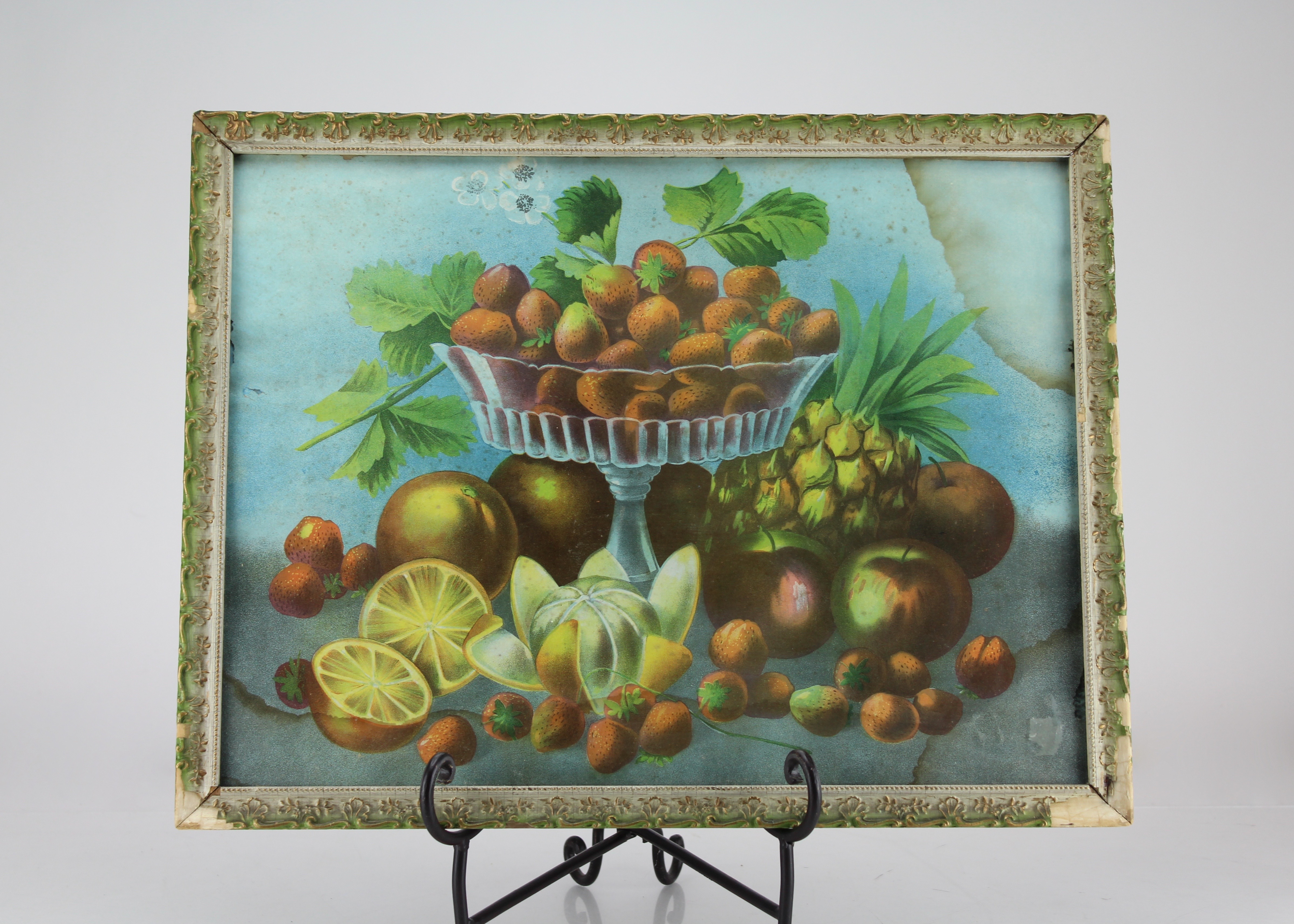 Vintage Framed Fruit Bowl Painting Under Glass with Wire Hanger