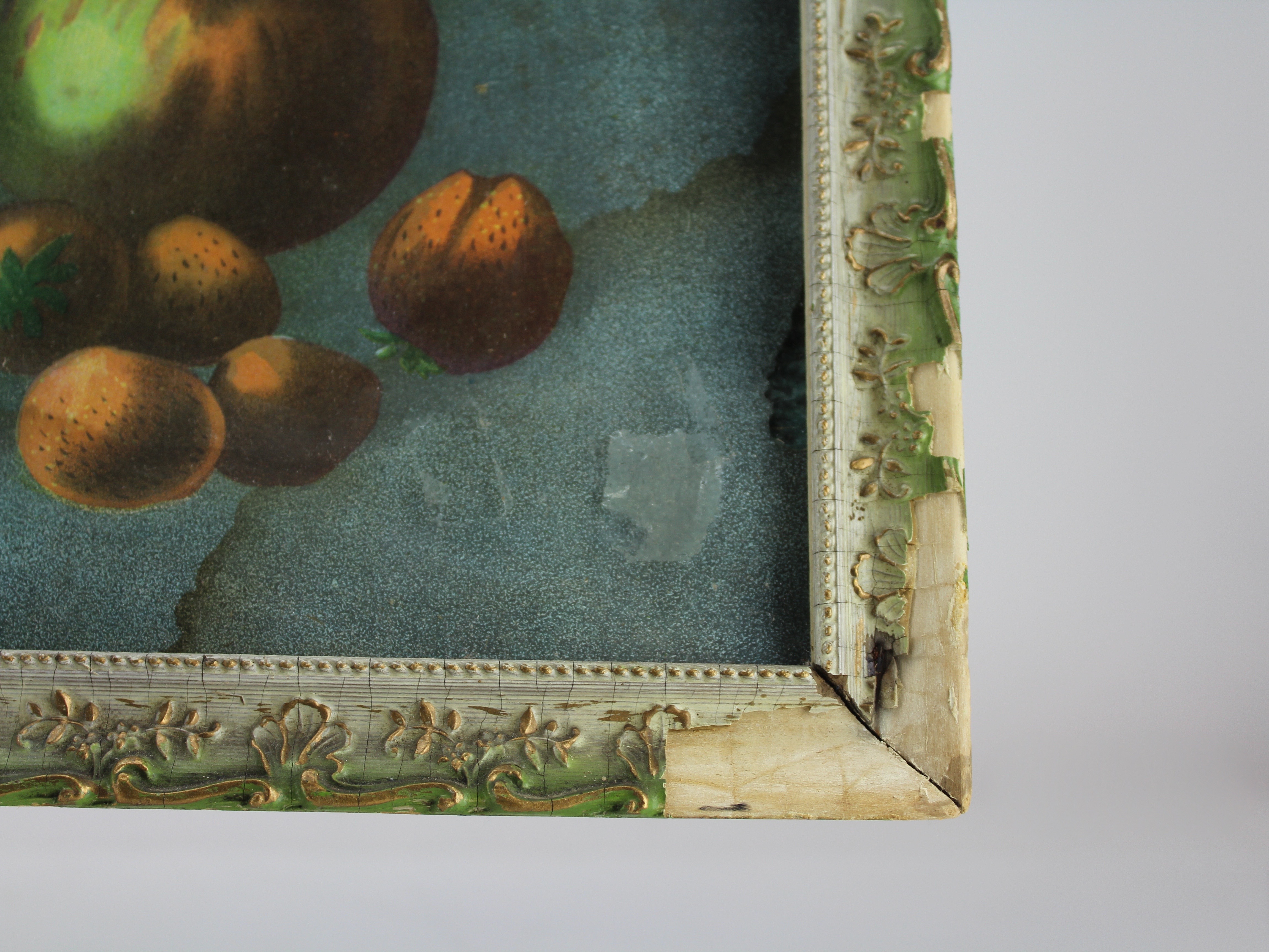 Vintage Framed Fruit Bowl Painting Under Glass with Wire Hanger