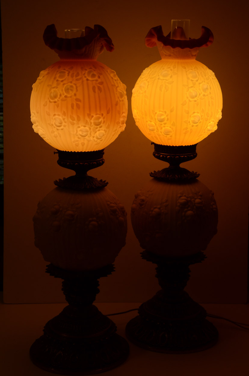 Pair of Vintage Fenton Gone with the Wind Burmese Glass Lamps