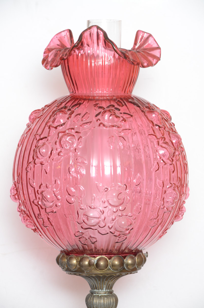 Vintage Fenton Cranberry Glass Cabbage Rose Brass Table Lamp