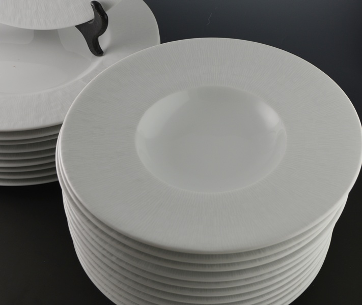 Apilco "Apicius" Porcelain Service Plates and Wide Rim Soup Bowls