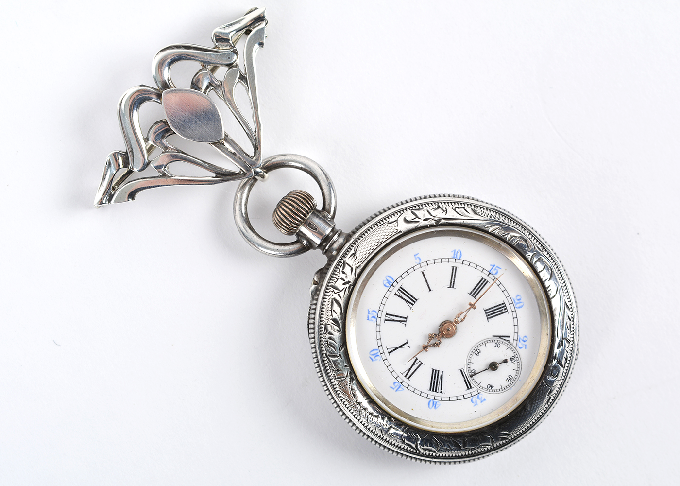 Ladies Sterling Silver Lady Racine Pocket Watch and Hook Pin