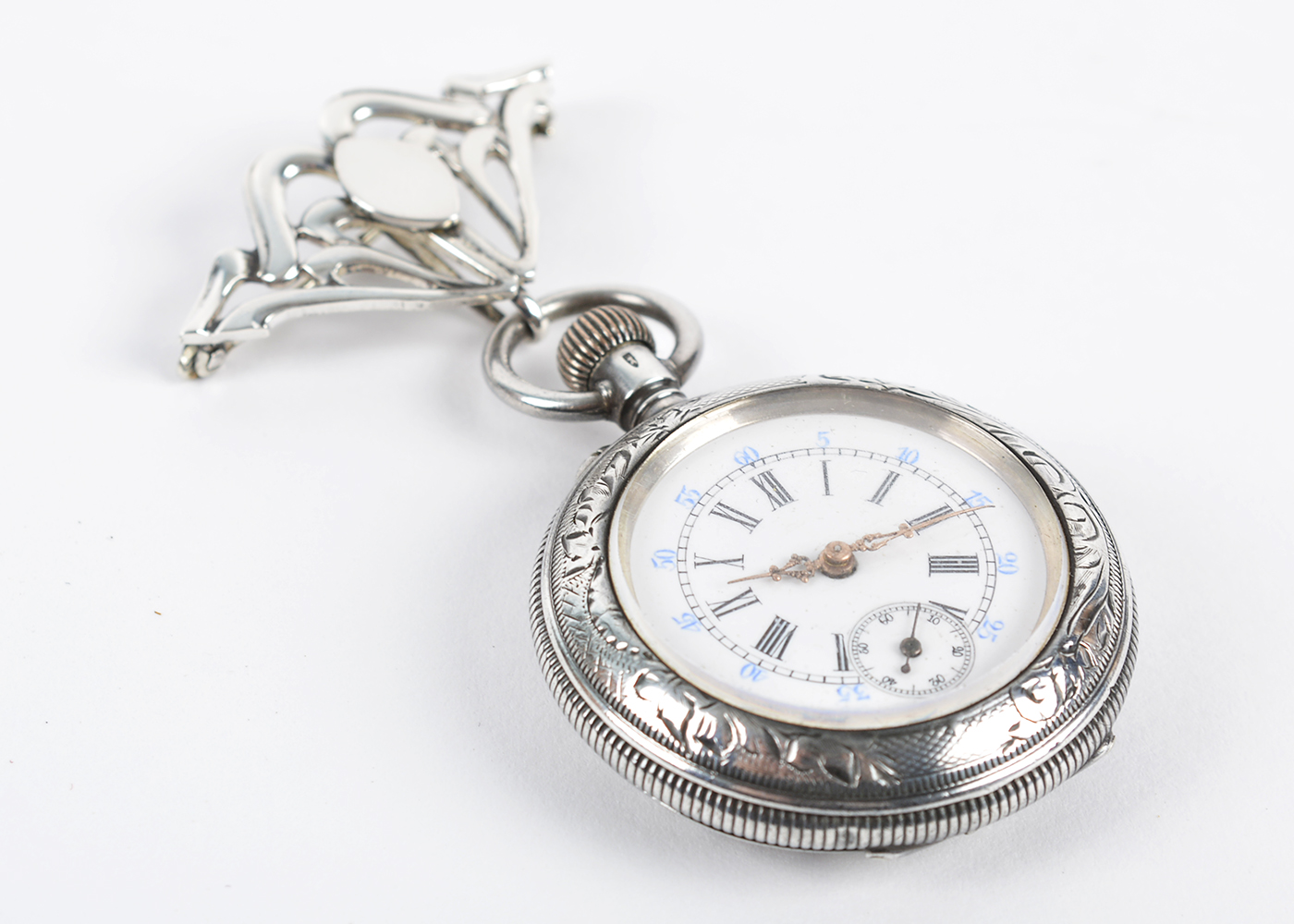 Ladies Sterling Silver Lady Racine Pocket Watch and Hook Pin