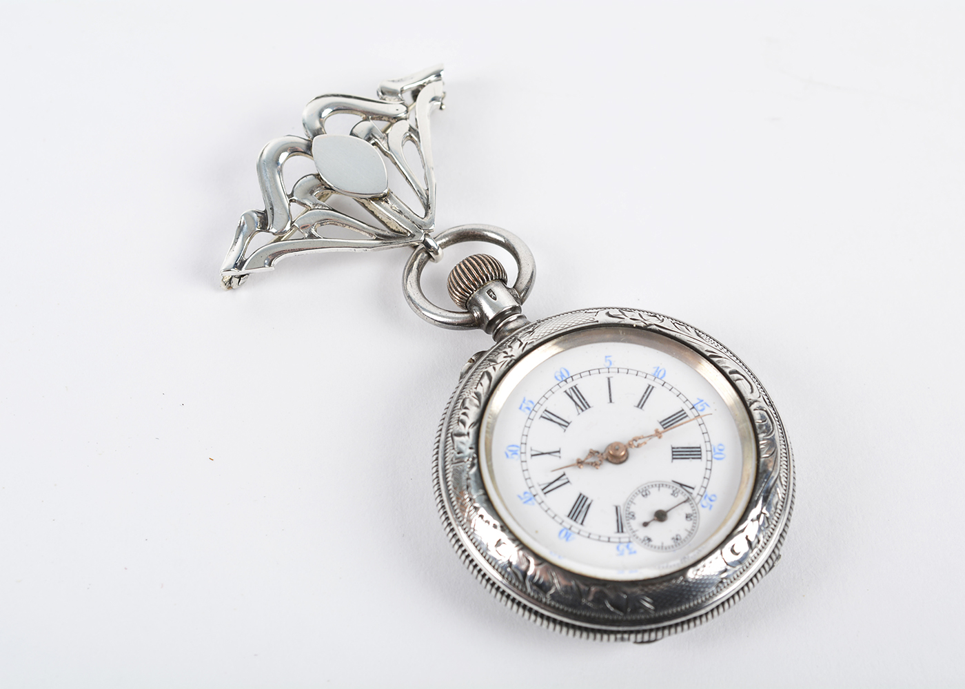 Ladies Sterling Silver Lady Racine Pocket Watch and Hook Pin