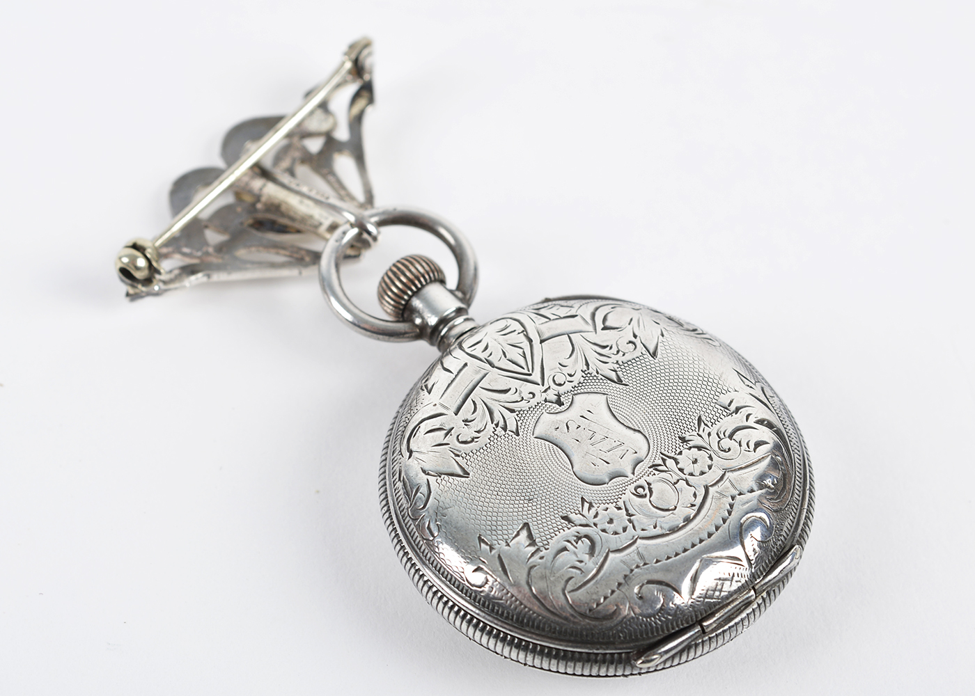 Ladies Sterling Silver Lady Racine Pocket Watch and Hook Pin
