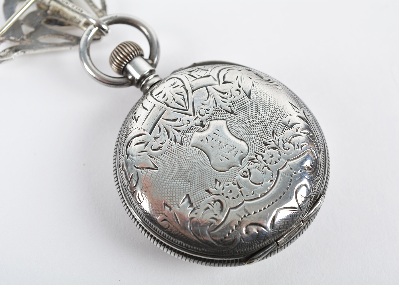 Ladies Sterling Silver Lady Racine Pocket Watch and Hook Pin