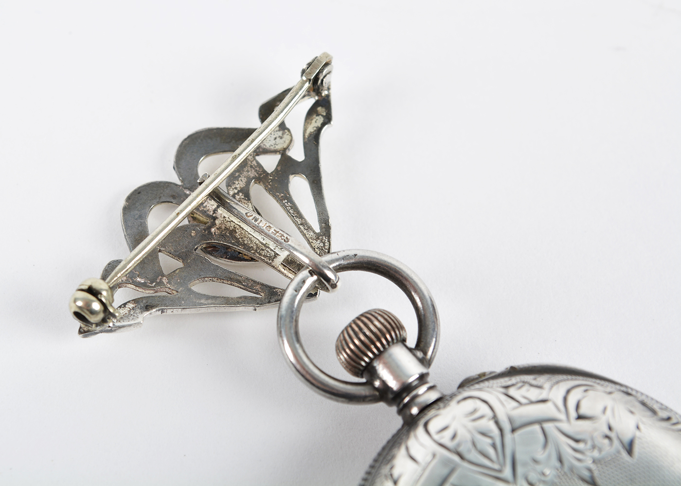 Ladies Sterling Silver Lady Racine Pocket Watch and Hook Pin