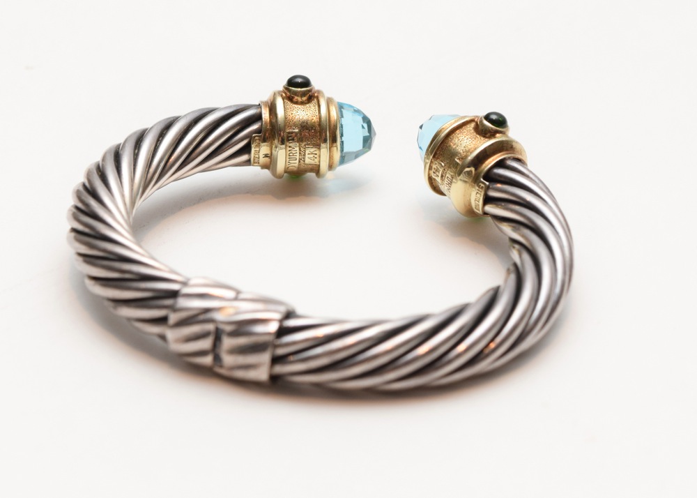 David Yurman Sterling and 14K Bangle Bracelet with Gemstones