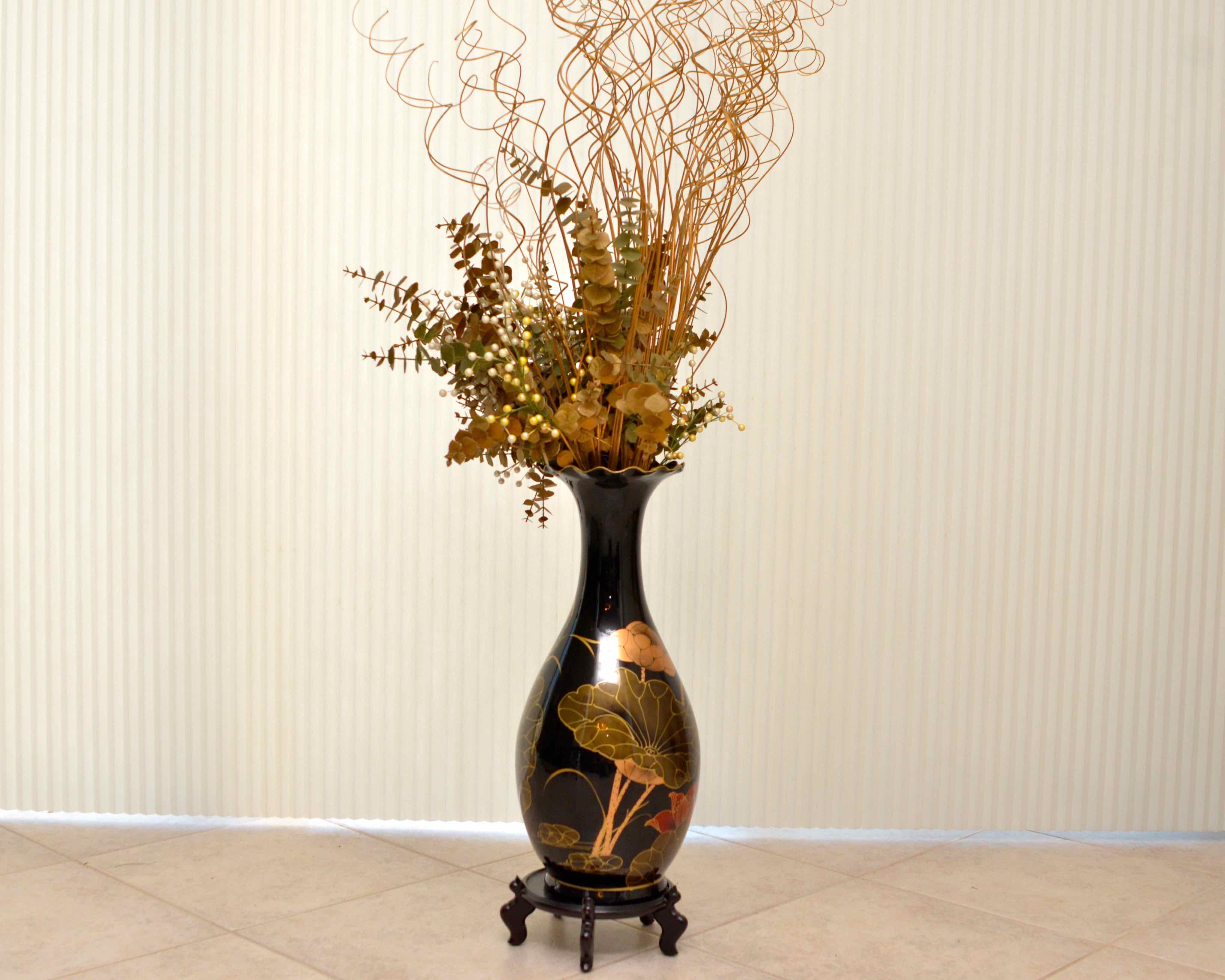 Black Chinese Vase with Faux Floral Arrangement