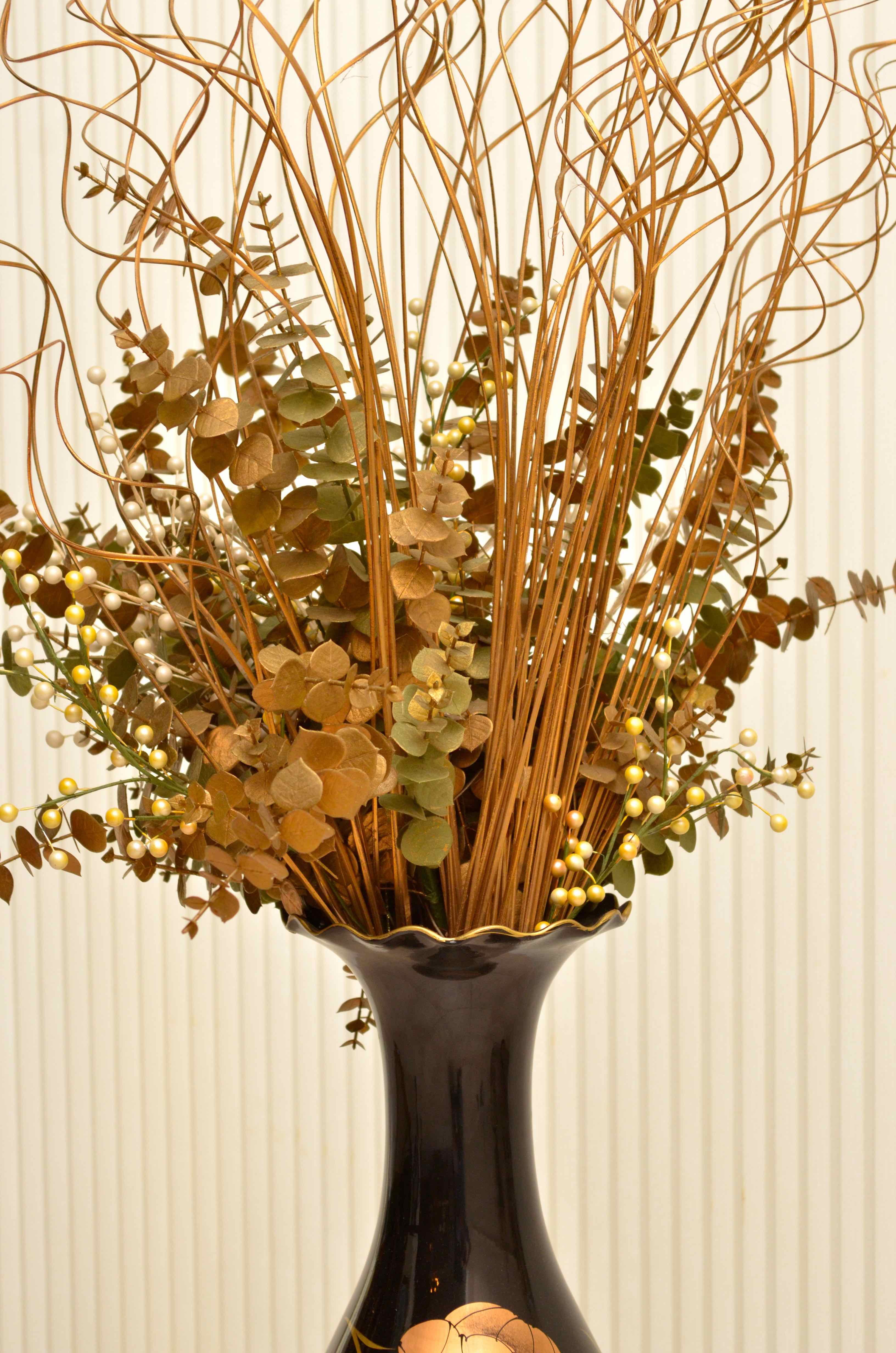 Black Chinese Vase with Faux Floral Arrangement