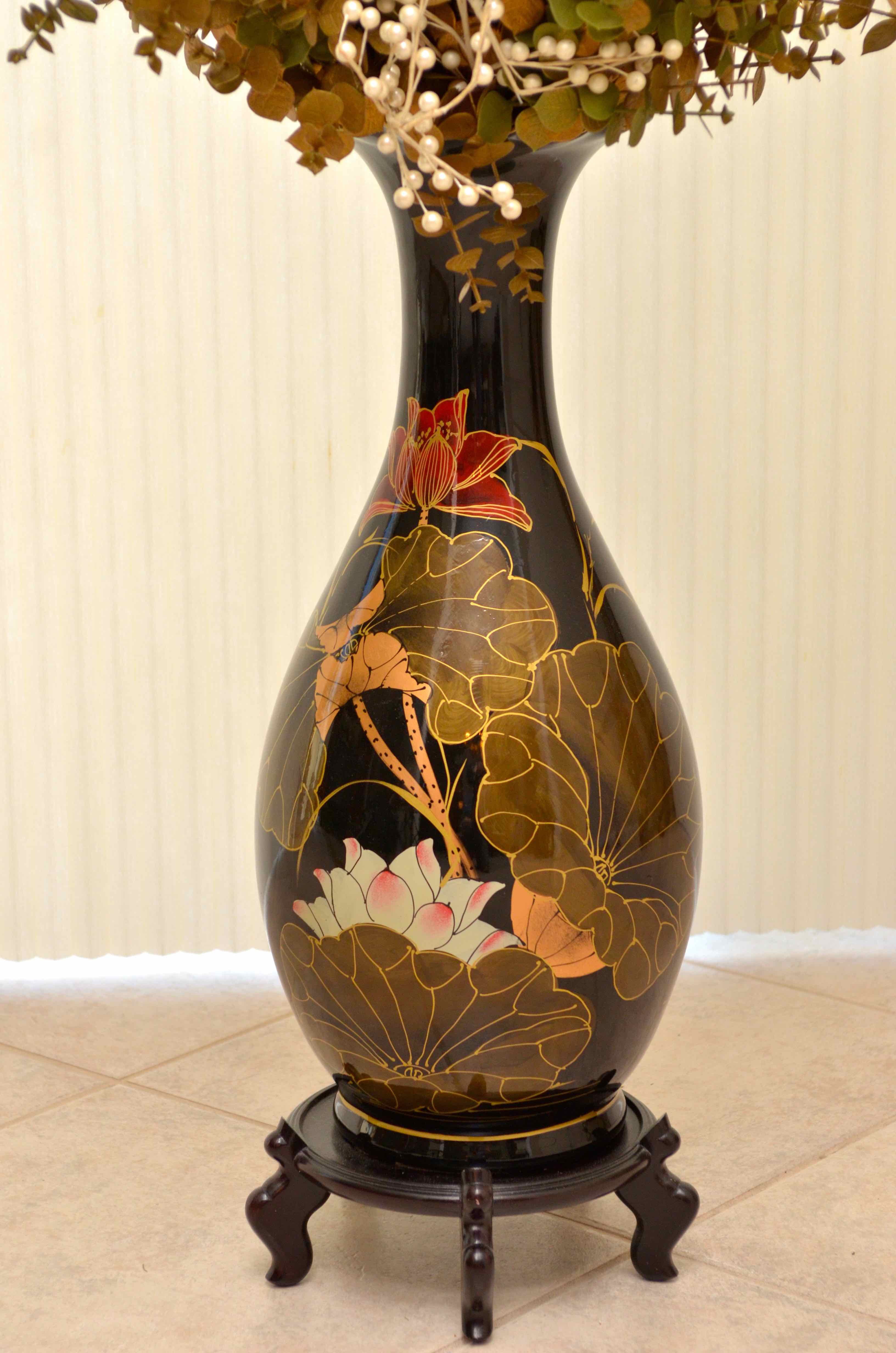 Black Chinese Vase with Faux Floral Arrangement