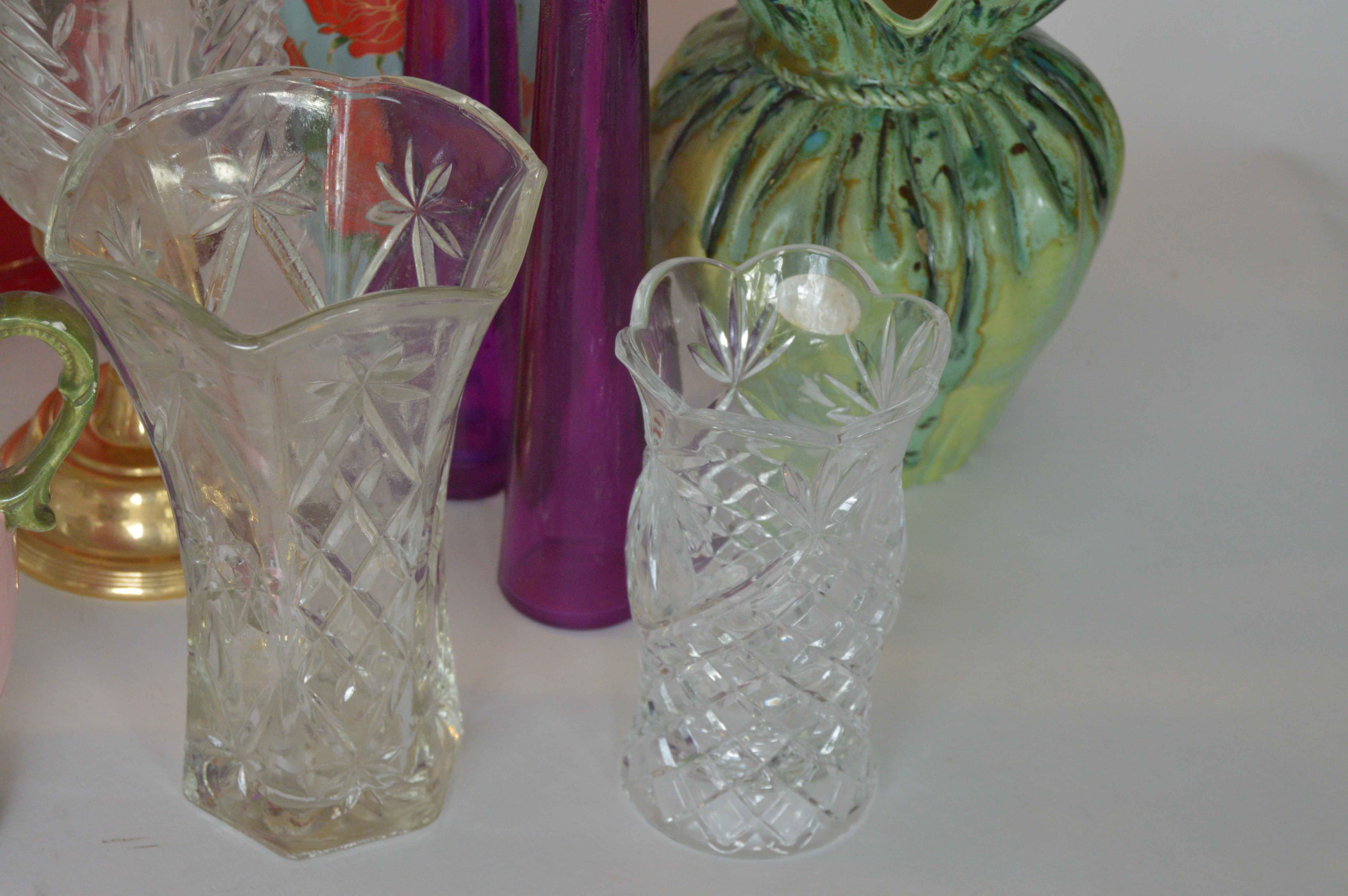 Assorted Pressed Glass, Cut Glass and Ceramic Vases