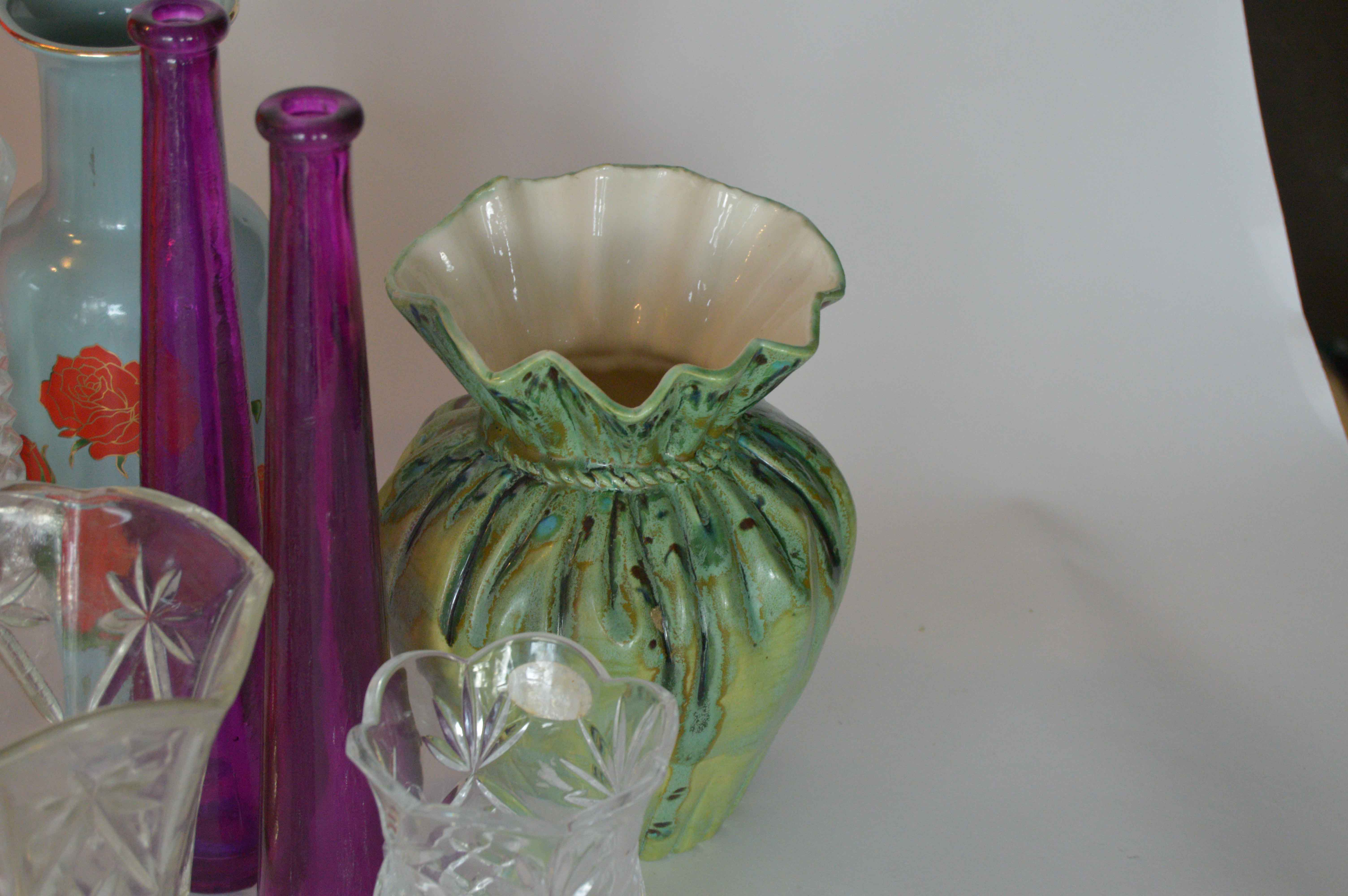 Assorted Pressed Glass, Cut Glass and Ceramic Vases