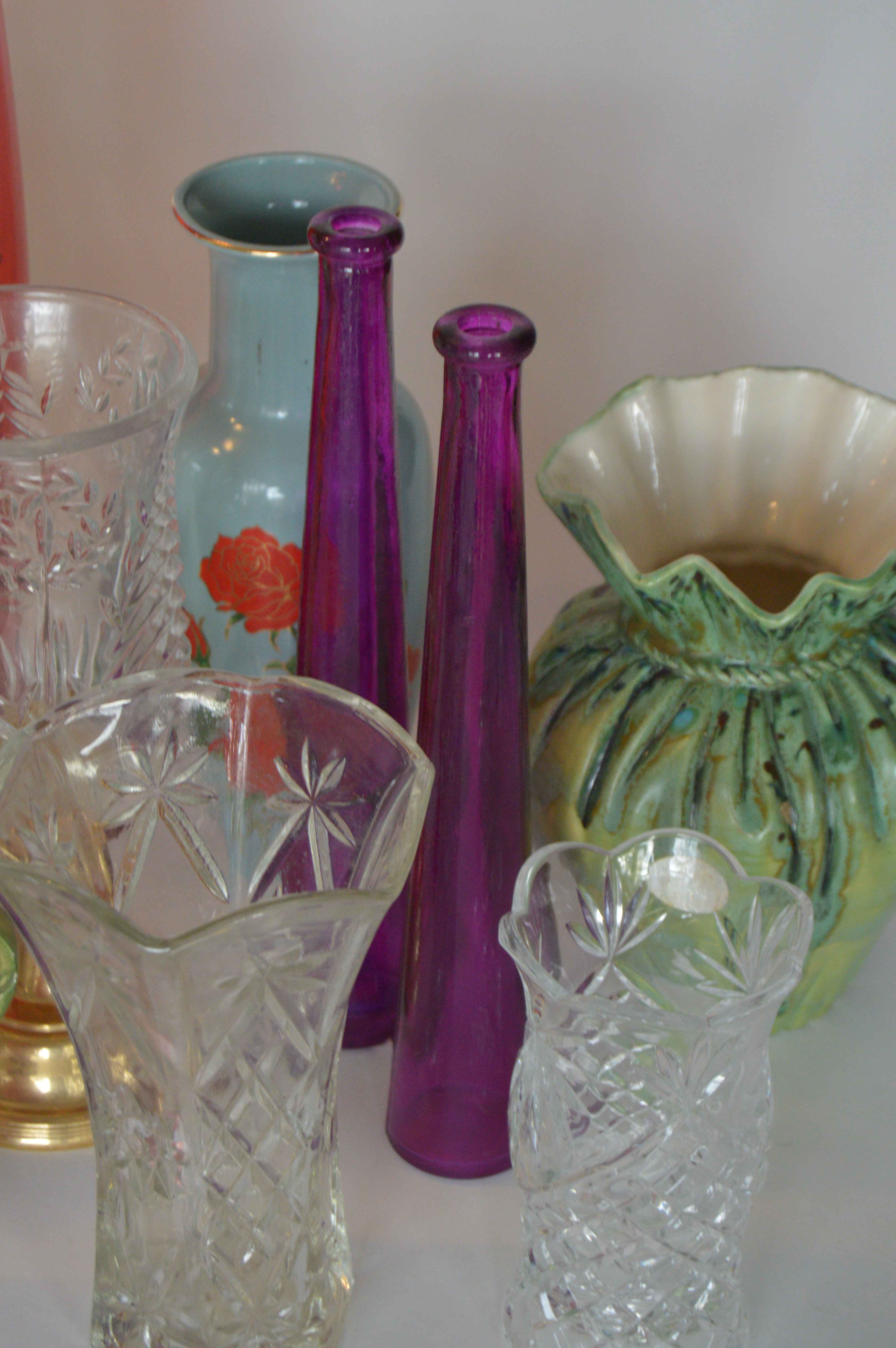 Assorted Pressed Glass, Cut Glass and Ceramic Vases