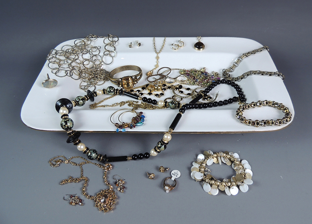 Pier 1 Ivory Serving Tray with Gold Tone Costume Jewelry